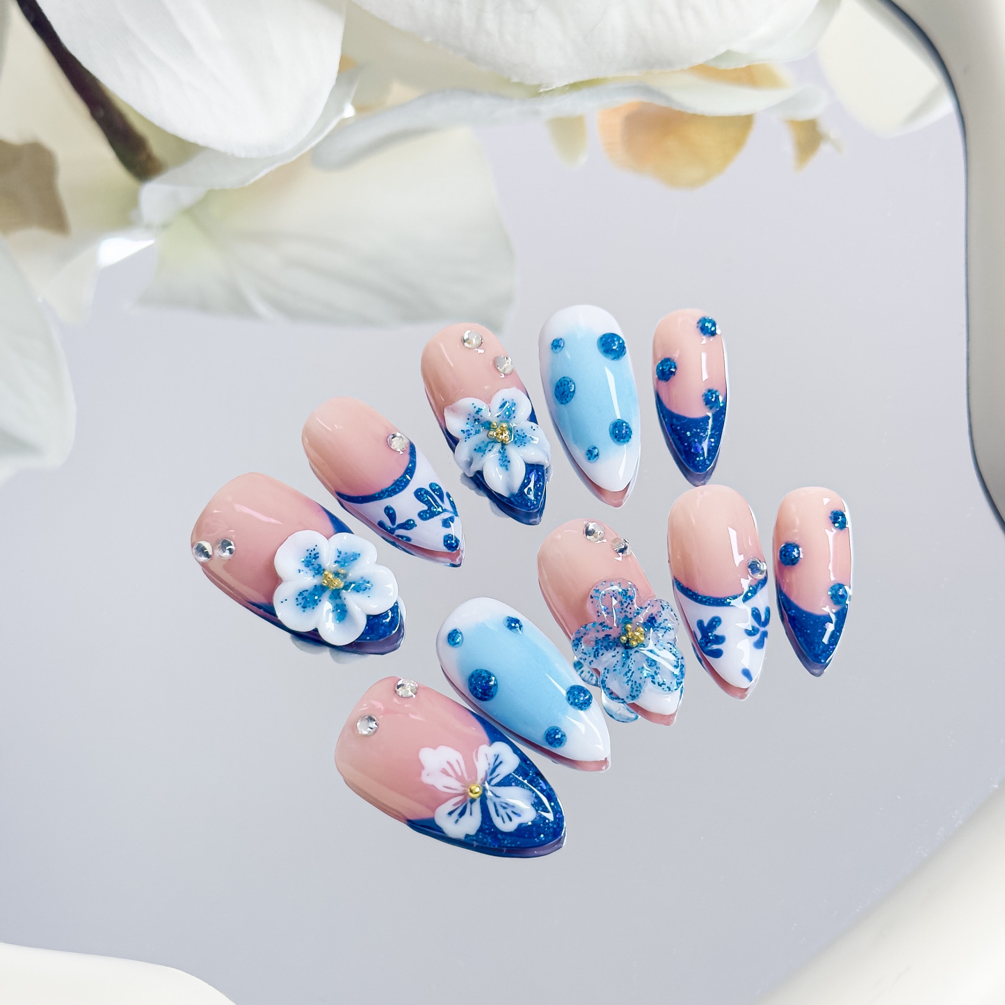 Handmade Press-On Nails – Nailfairy Fresh Blue & White Almond Shape – Custom-Made, Reusable with Free Application Kit Included
