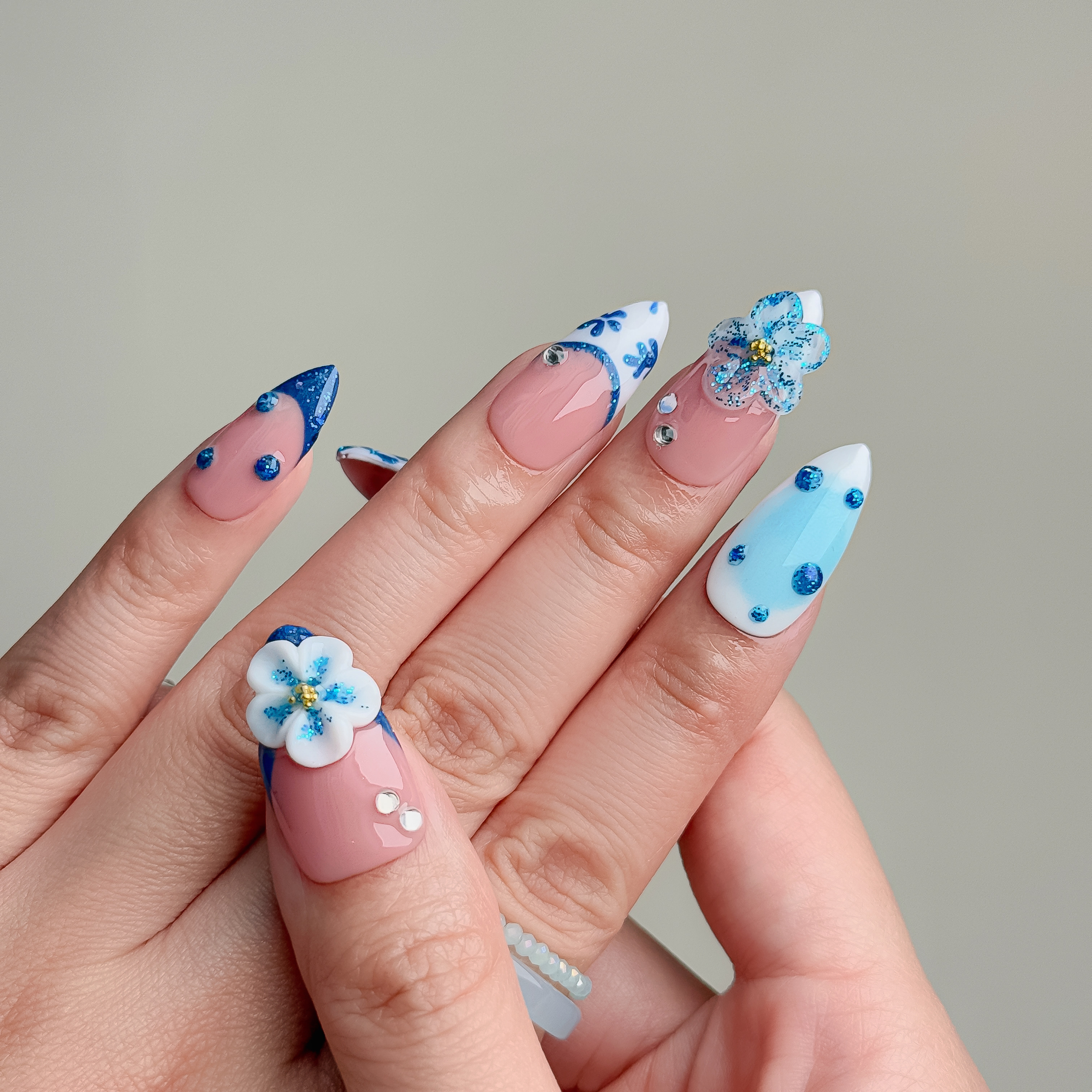 Handmade Press-On Nails – Nailfairy Fresh Blue & White Almond Shape – Custom-Made, Reusable with Free Application Kit Included