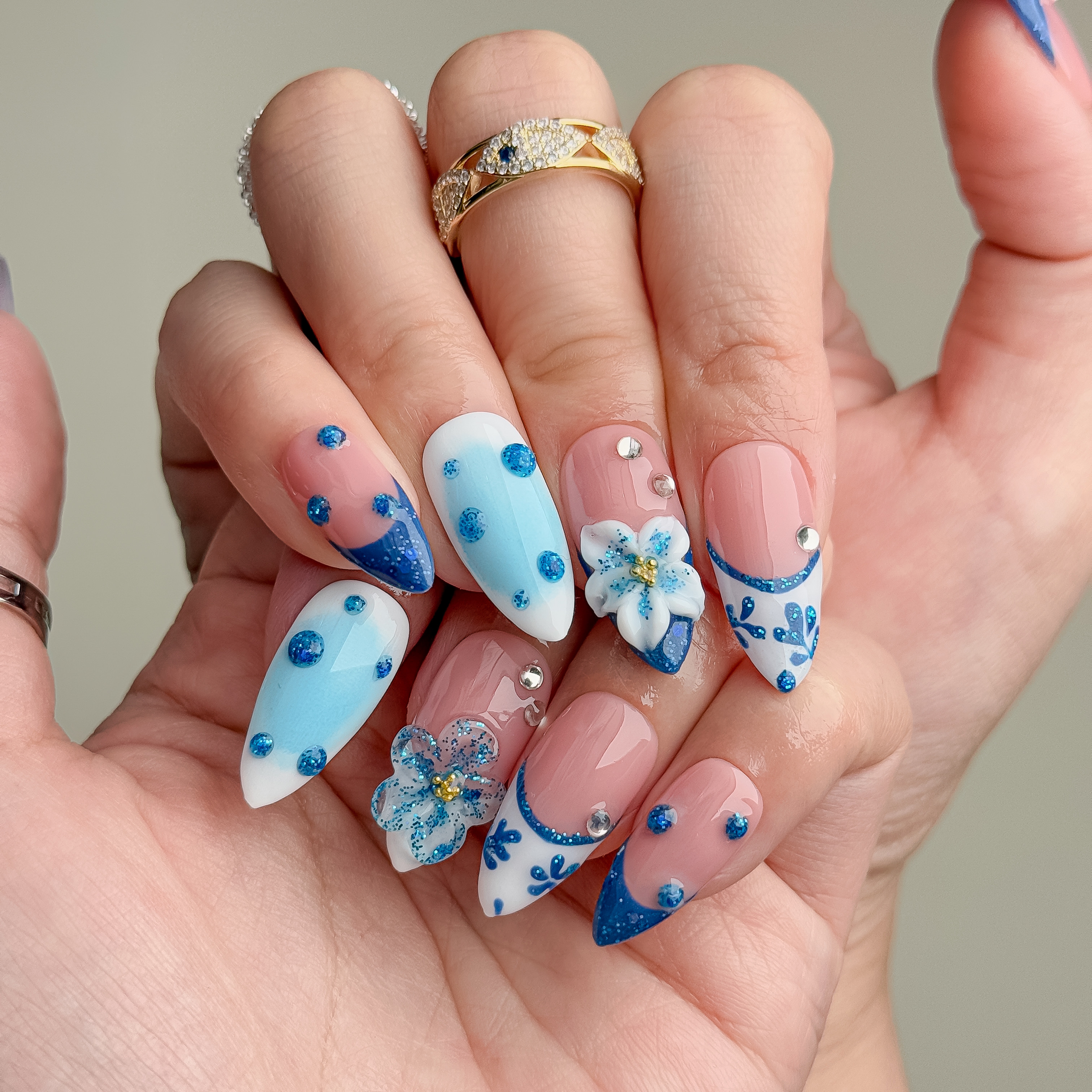 Handmade Press-On Nails – Nailfairy Fresh Blue & White Almond Shape – Custom-Made, Reusable with Free Application Kit Included