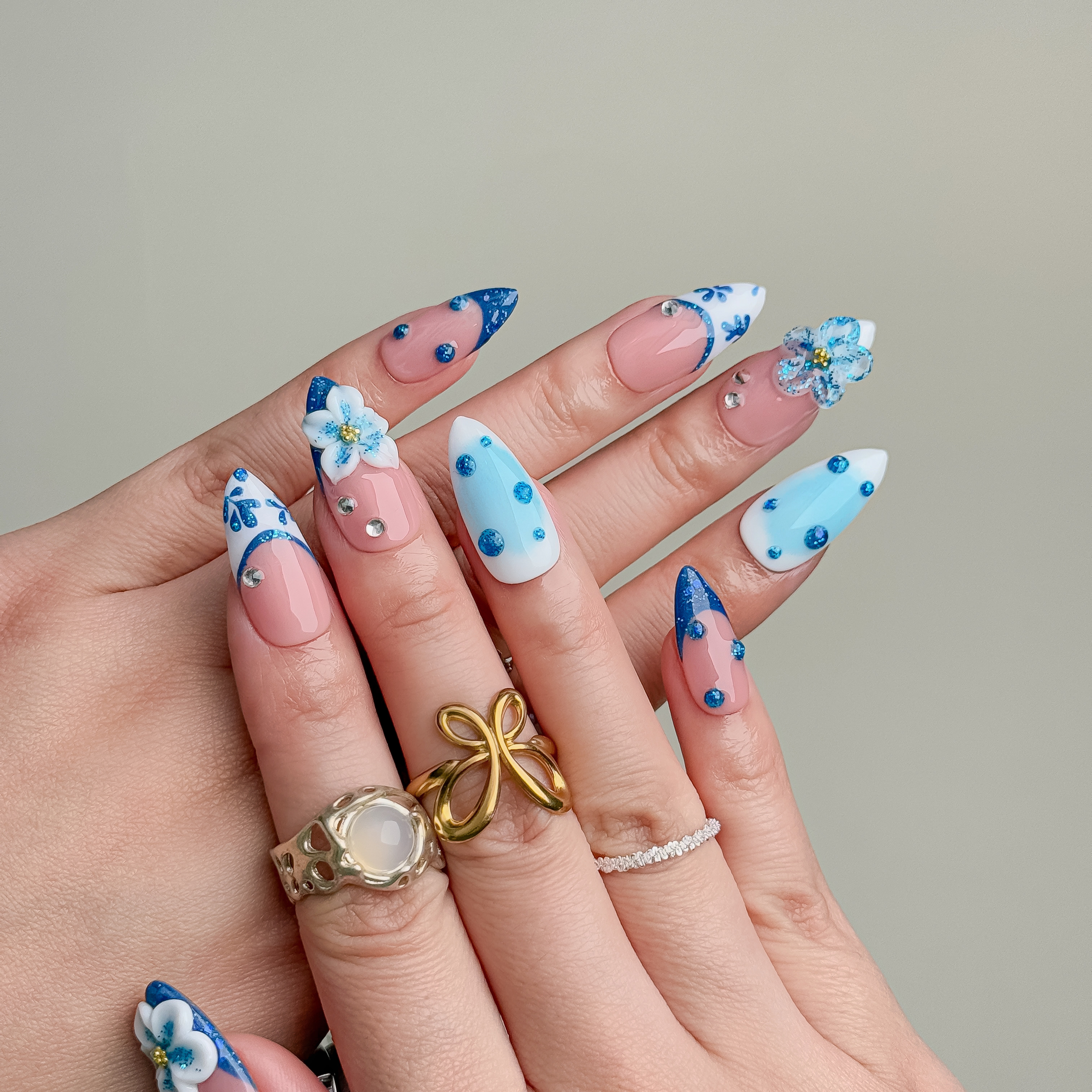 Handmade Press-On Nails – Nailfairy Fresh Blue & White Almond Shape – Custom-Made, Reusable with Free Application Kit Included