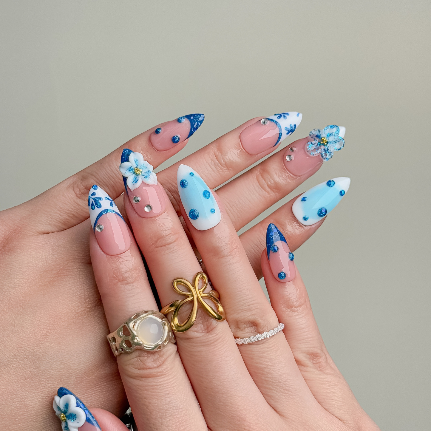 Handmade Press-On Nails – Nailfairy Fresh Blue & White Almond Shape – Custom-Made, Reusable with Free Application Kit Included