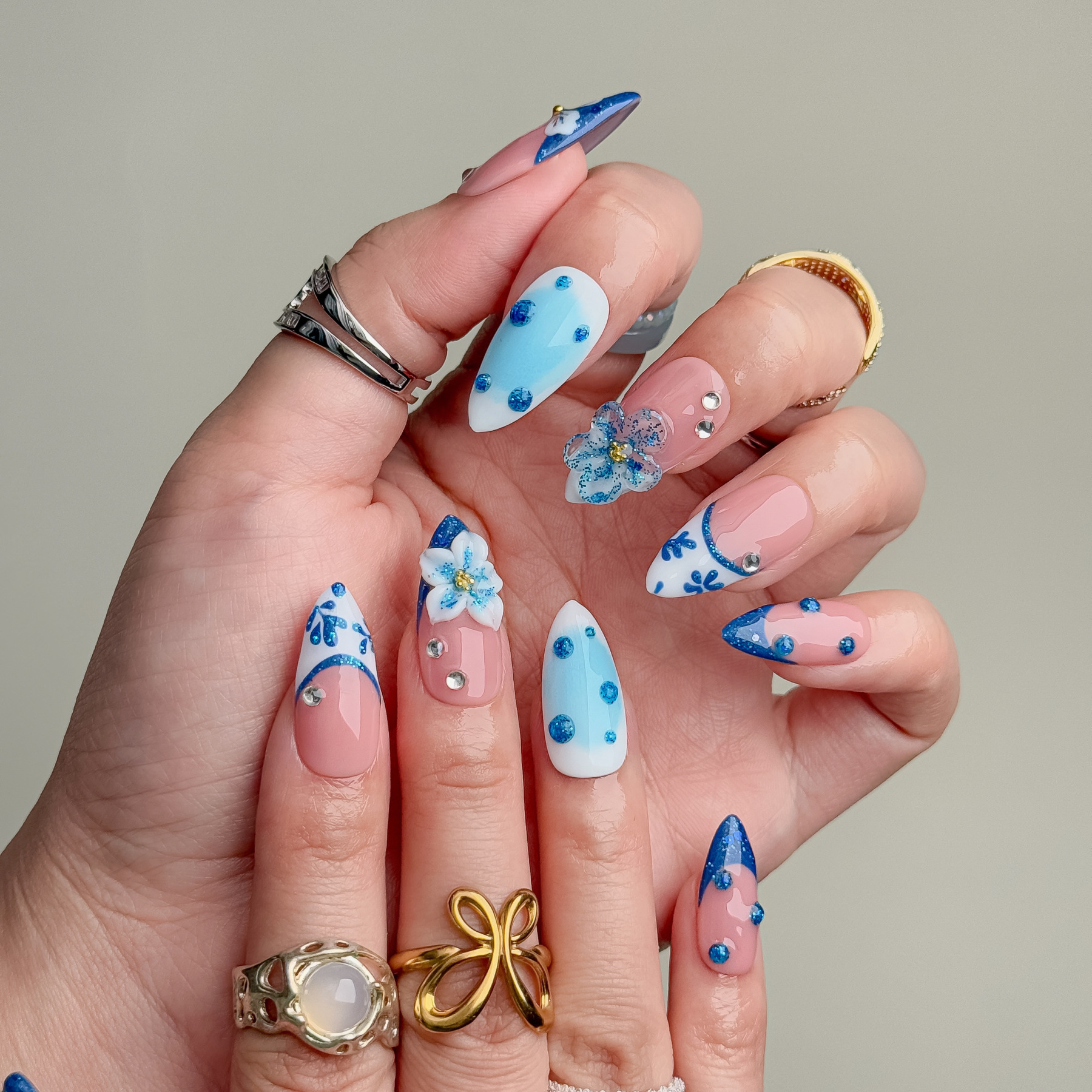 Handmade Press-On Nails – Nailfairy Fresh Blue & White Almond Shape – Custom-Made, Reusable with Free Application Kit Included