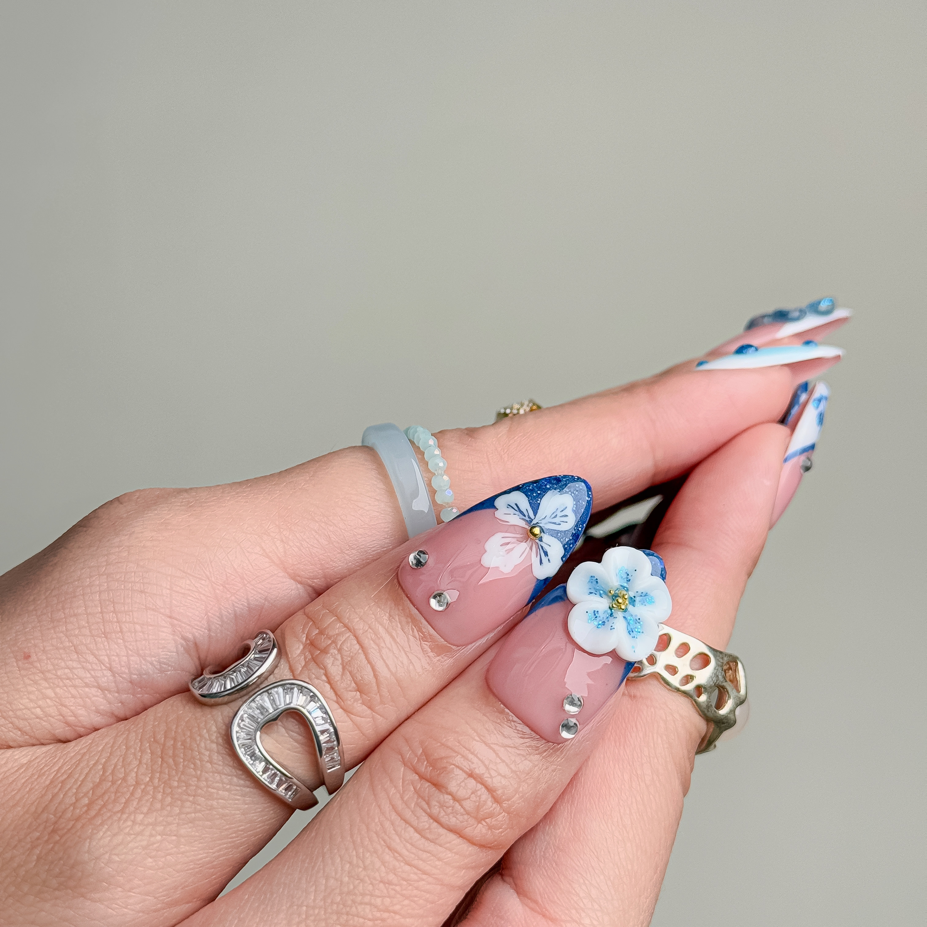 Handmade Press-On Nails – Nailfairy Fresh Blue & White Almond Shape – Custom-Made, Reusable with Free Application Kit Included