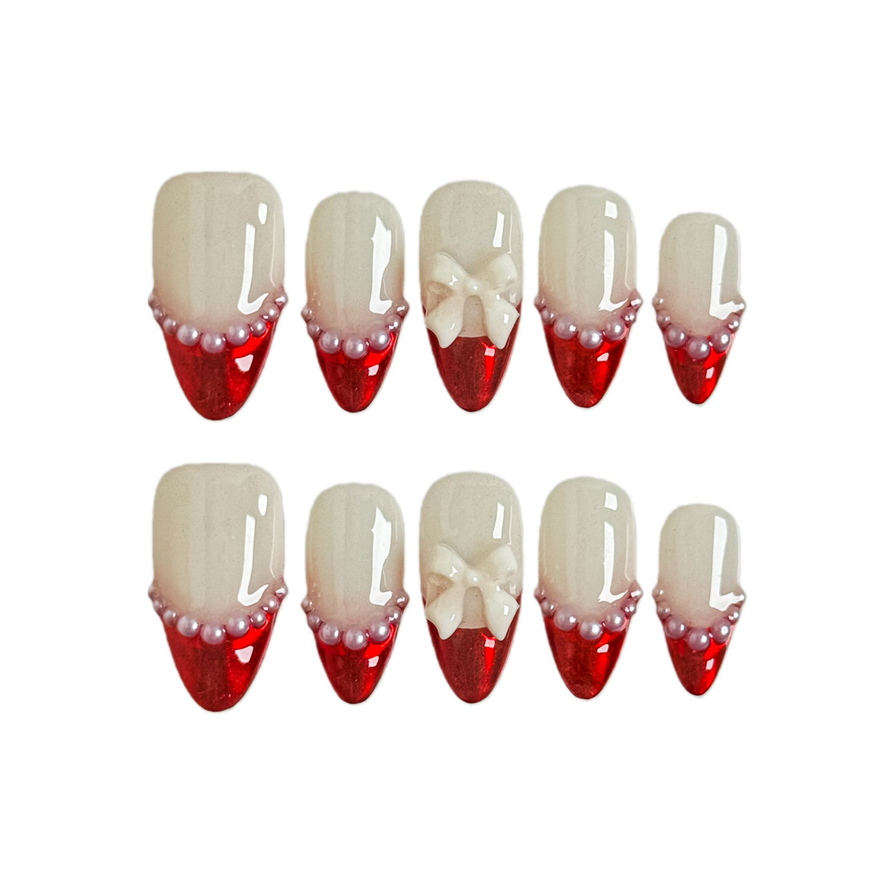 NailFairy Ruby Red Press-On Nails with Bows & Pearls – Short Almond Shape