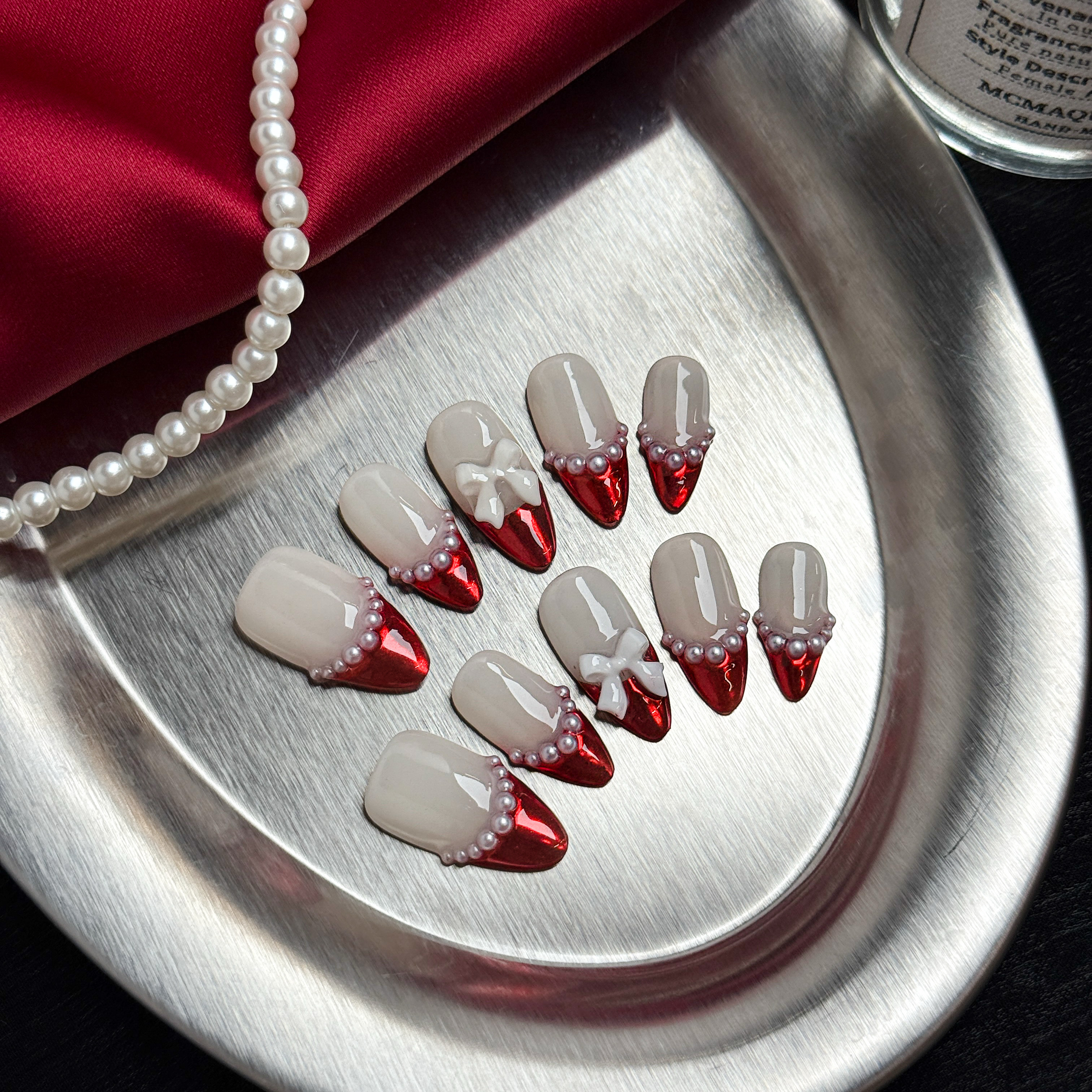 NailFairy Ruby Red Press-On Nails with Bows & Pearls – Short Almond Shape