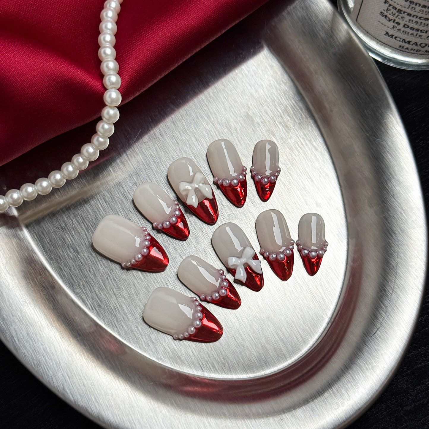NailFairy Ruby Red Press-On Nails with Bows & Pearls – Short Almond Shape