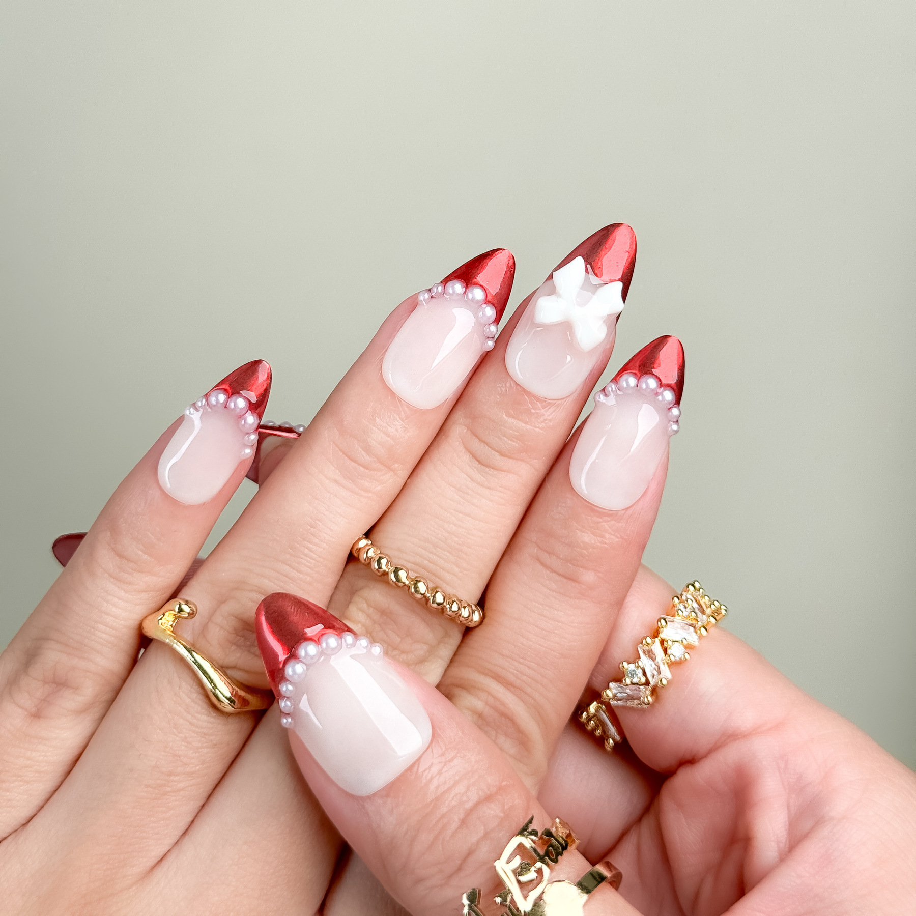 NailFairy Ruby Red Press-On Nails with Bows & Pearls – Short Almond Shape