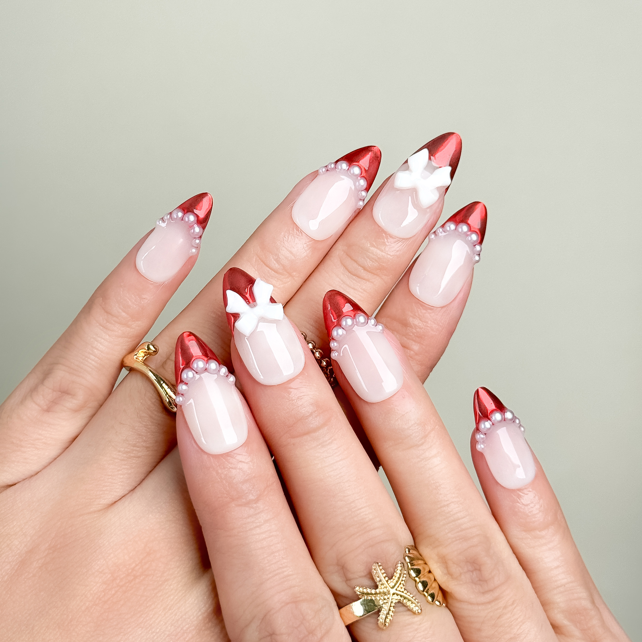 NailFairy Ruby Red Press-On Nails with Bows & Pearls – Short Almond Shape