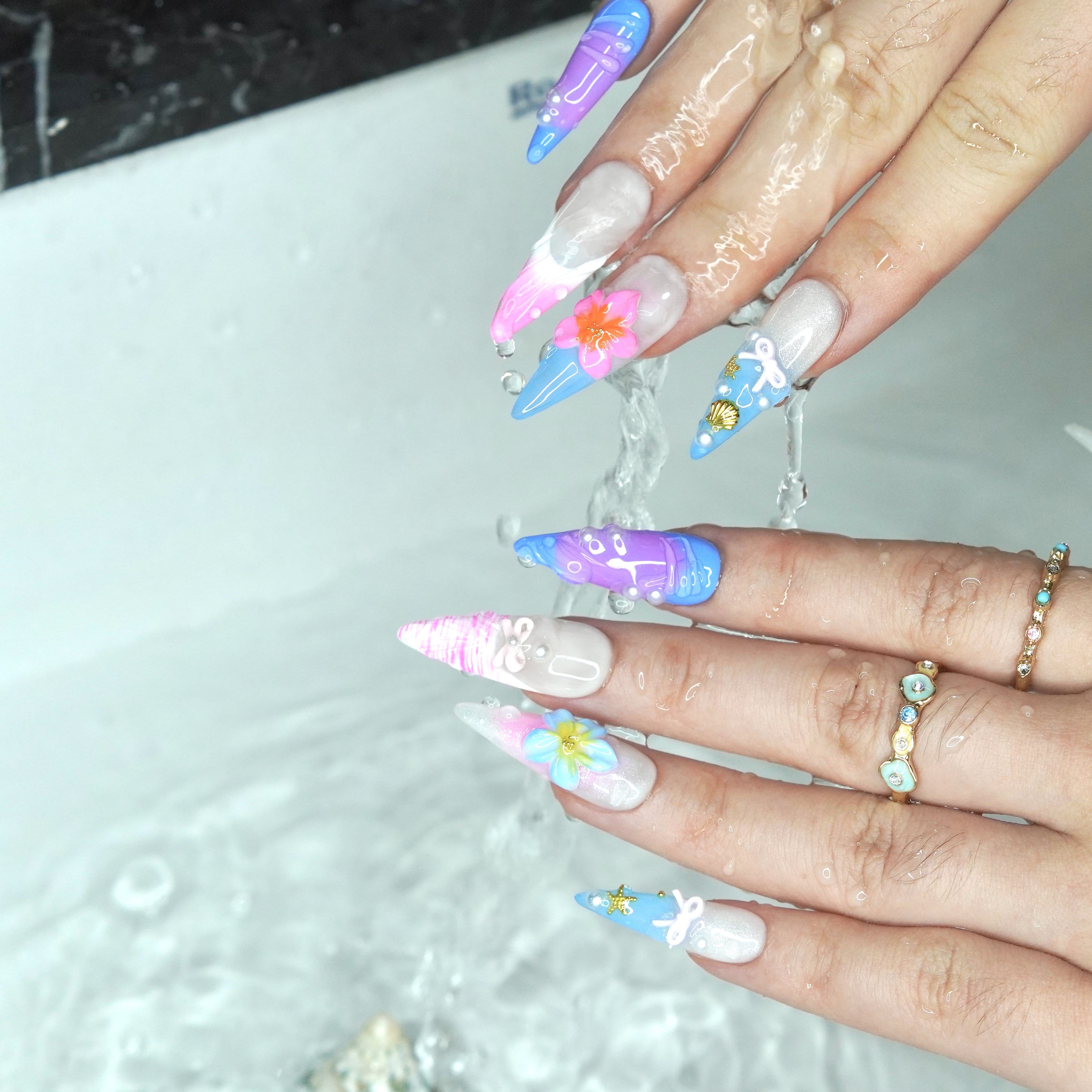 3D Shell & Iridescent Flower Press-On Nails – Long Stiletto