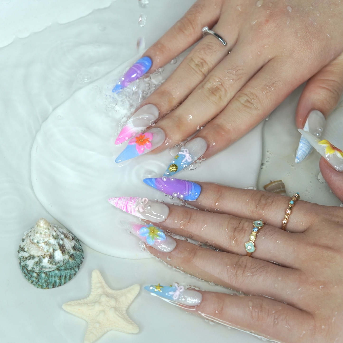3D Shell & Iridescent Flower Press-On Nails – Long Stiletto