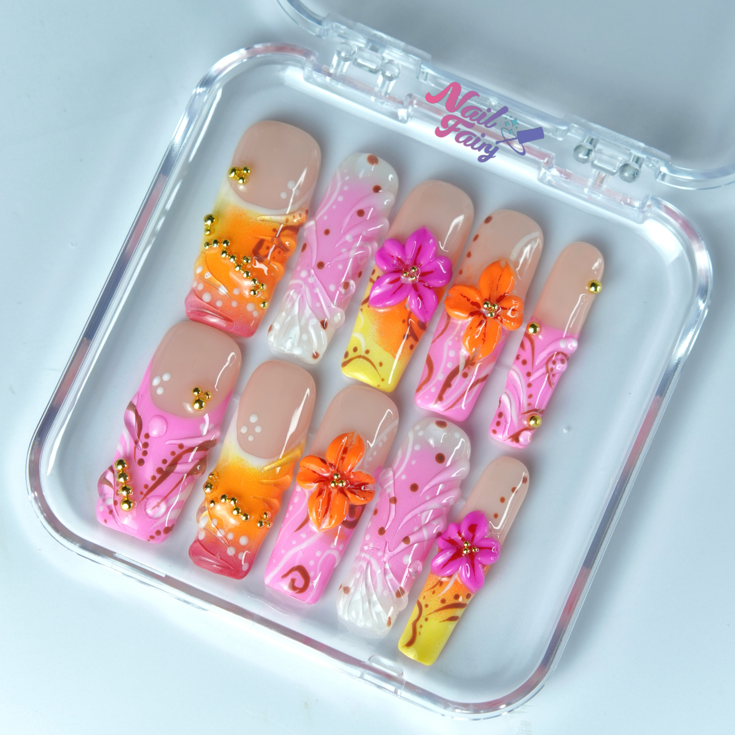 Tropical Bloom 3D Floral Press-On Nails | Medium Square