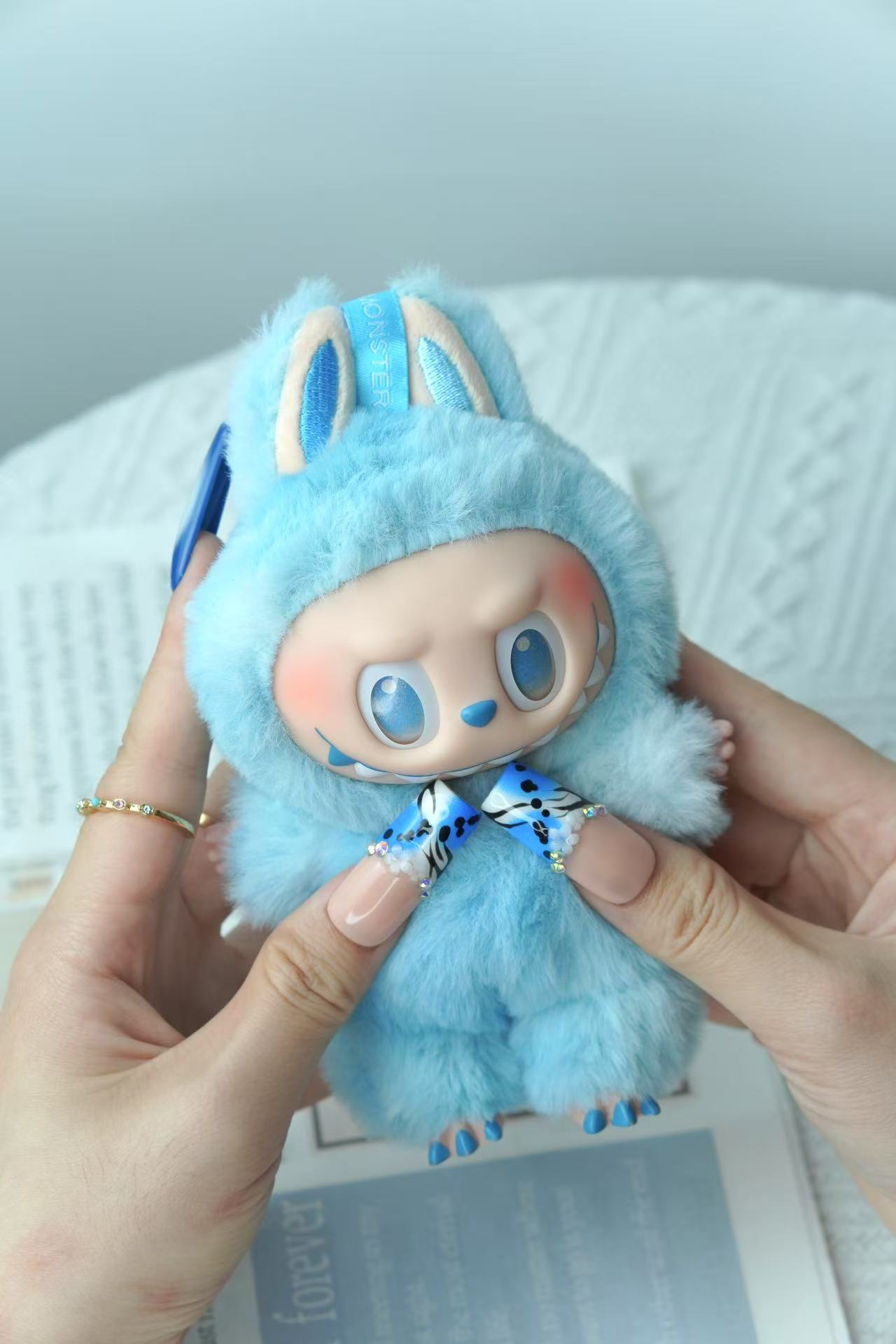 Ocean Blue 3D Floral Rhinestone Press-On Nails – Long Square Shape