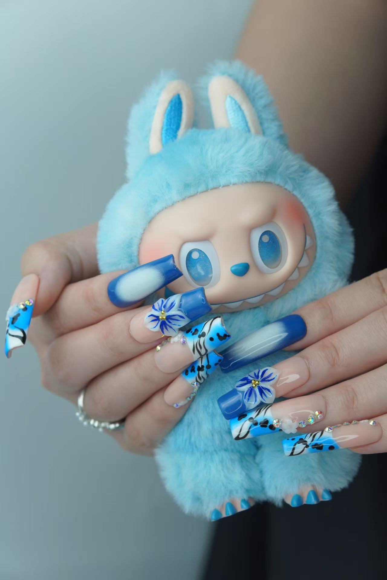 Ocean Blue 3D Floral Rhinestone Press-On Nails – Long Square Shape