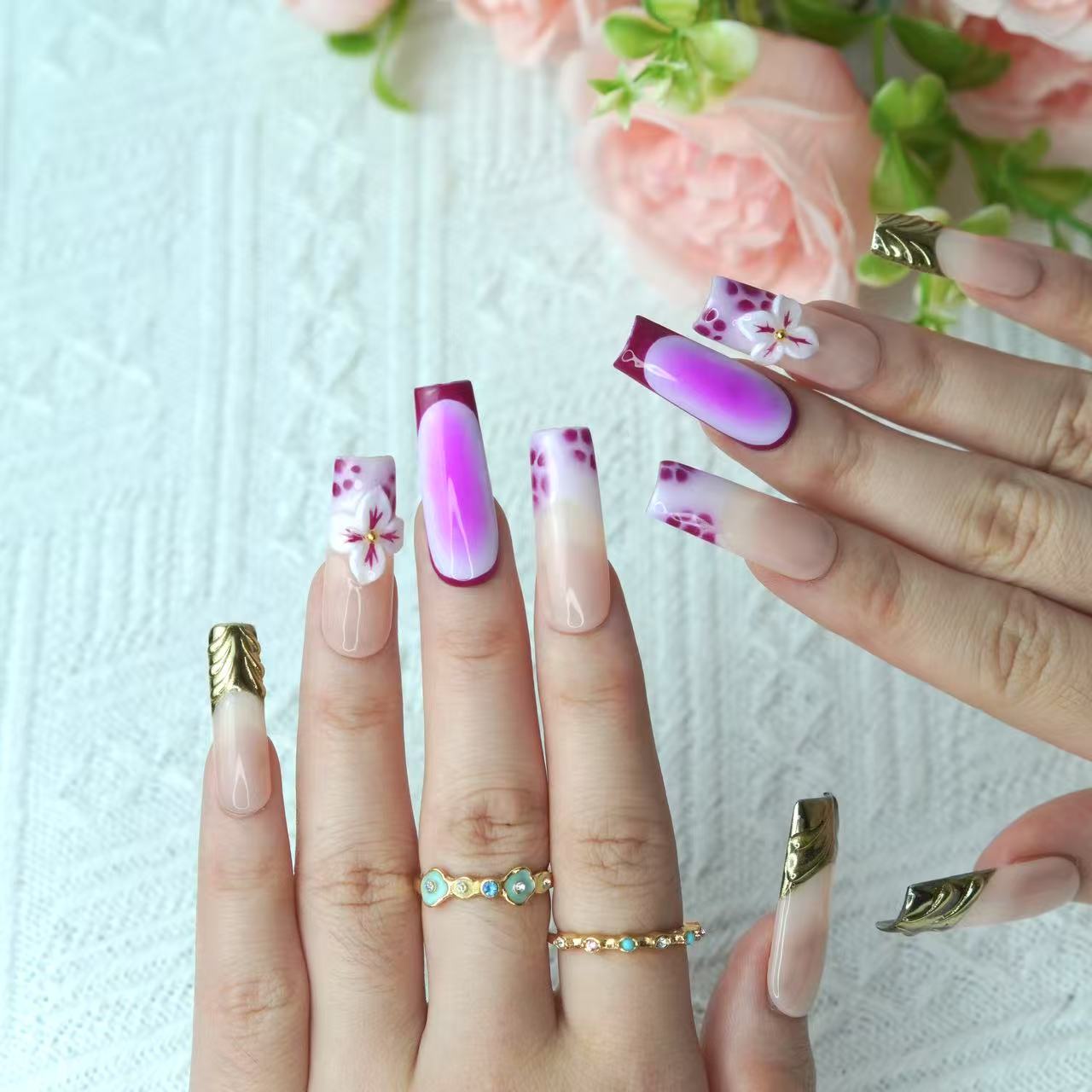 Iridescent Purple Press-On Nails with Insect & Gold Accents – Long Square