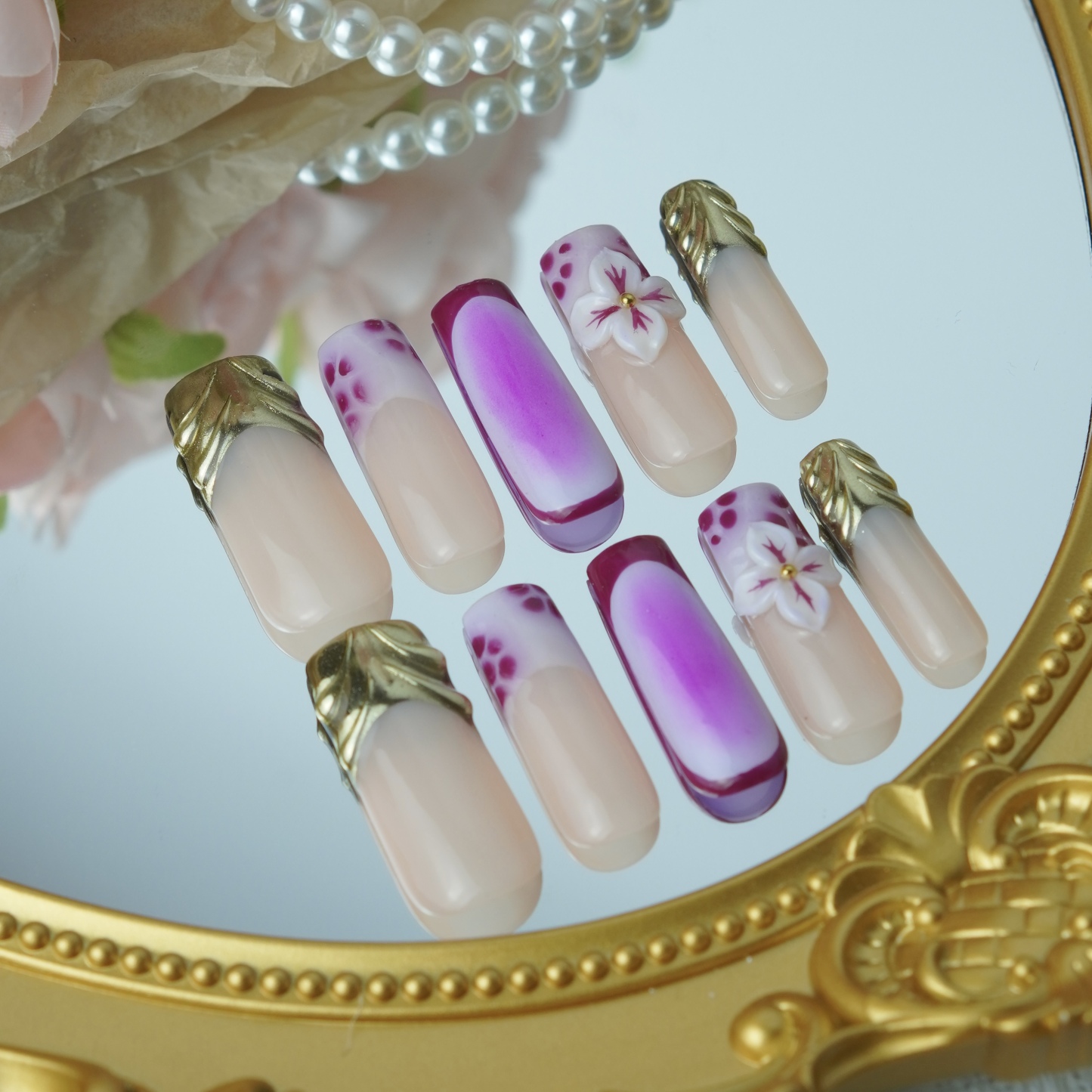 Iridescent Purple Press-On Nails with Insect & Gold Accents – Long Square