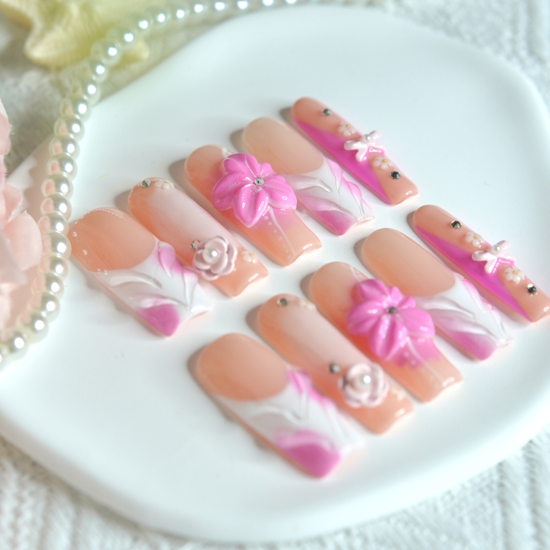 3D Pink Flower Press-On Nails – Medium Square