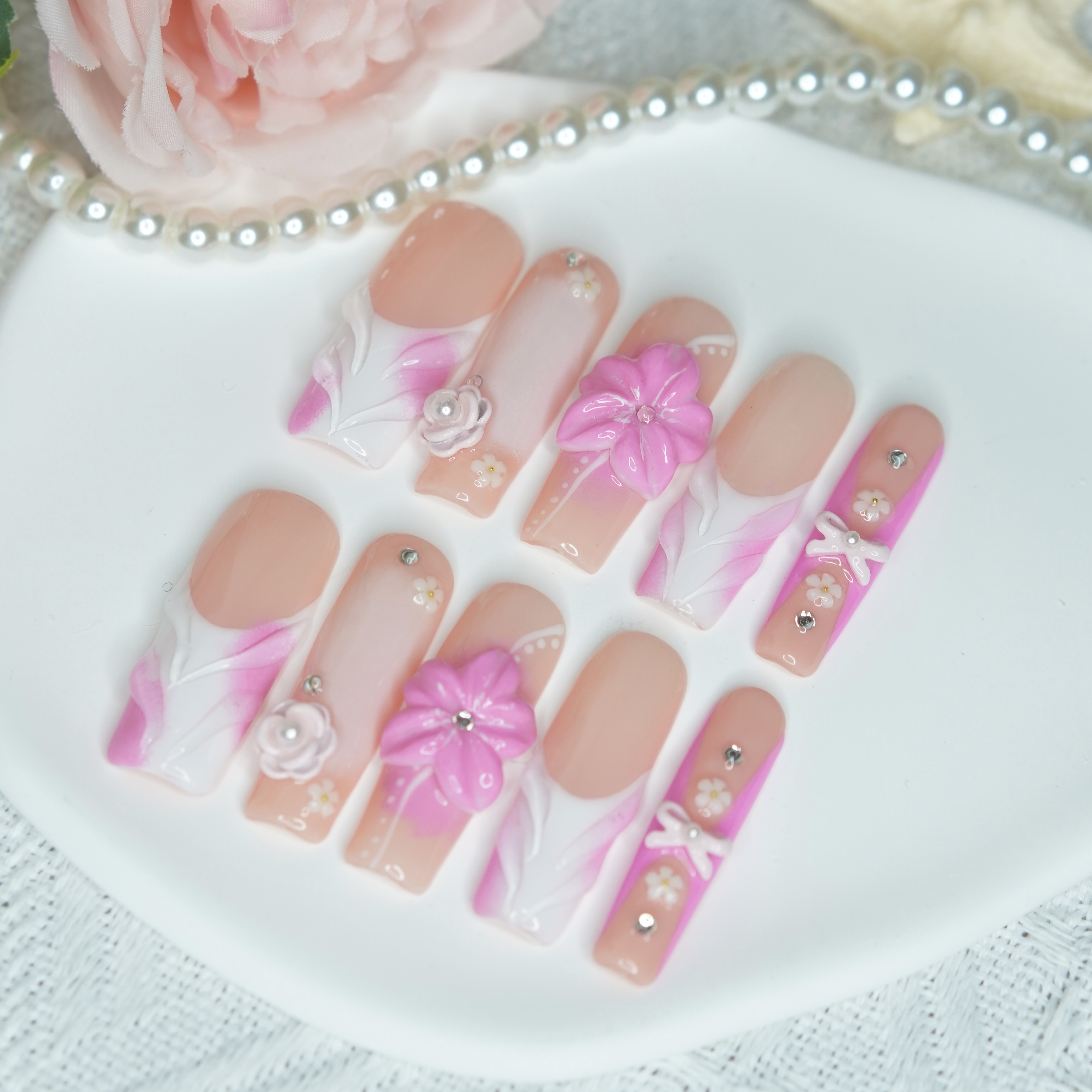 3D Pink Flower Press-On Nails – Medium Square