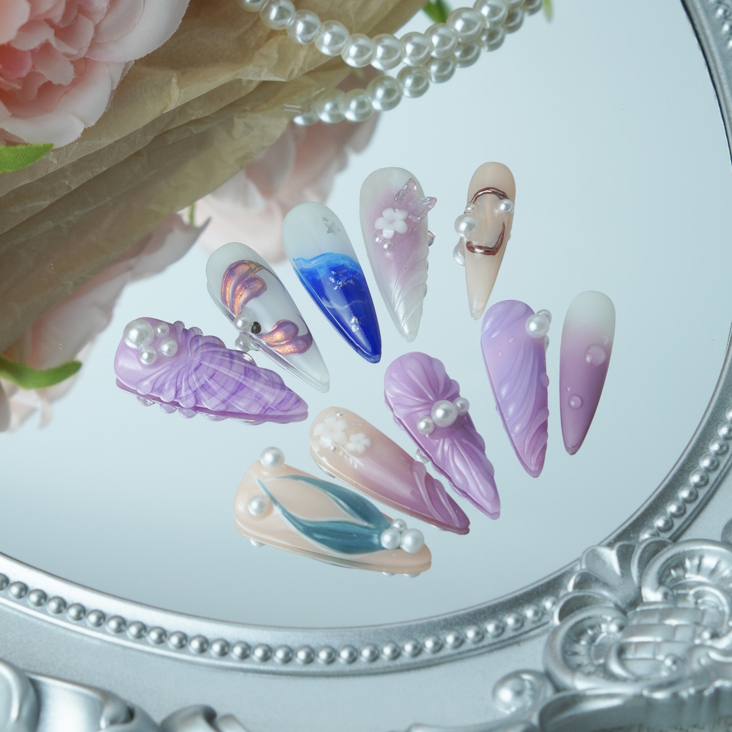 Mermaid Dream Press-On Nails with 3D Pearl & Shell – Long Stiletto