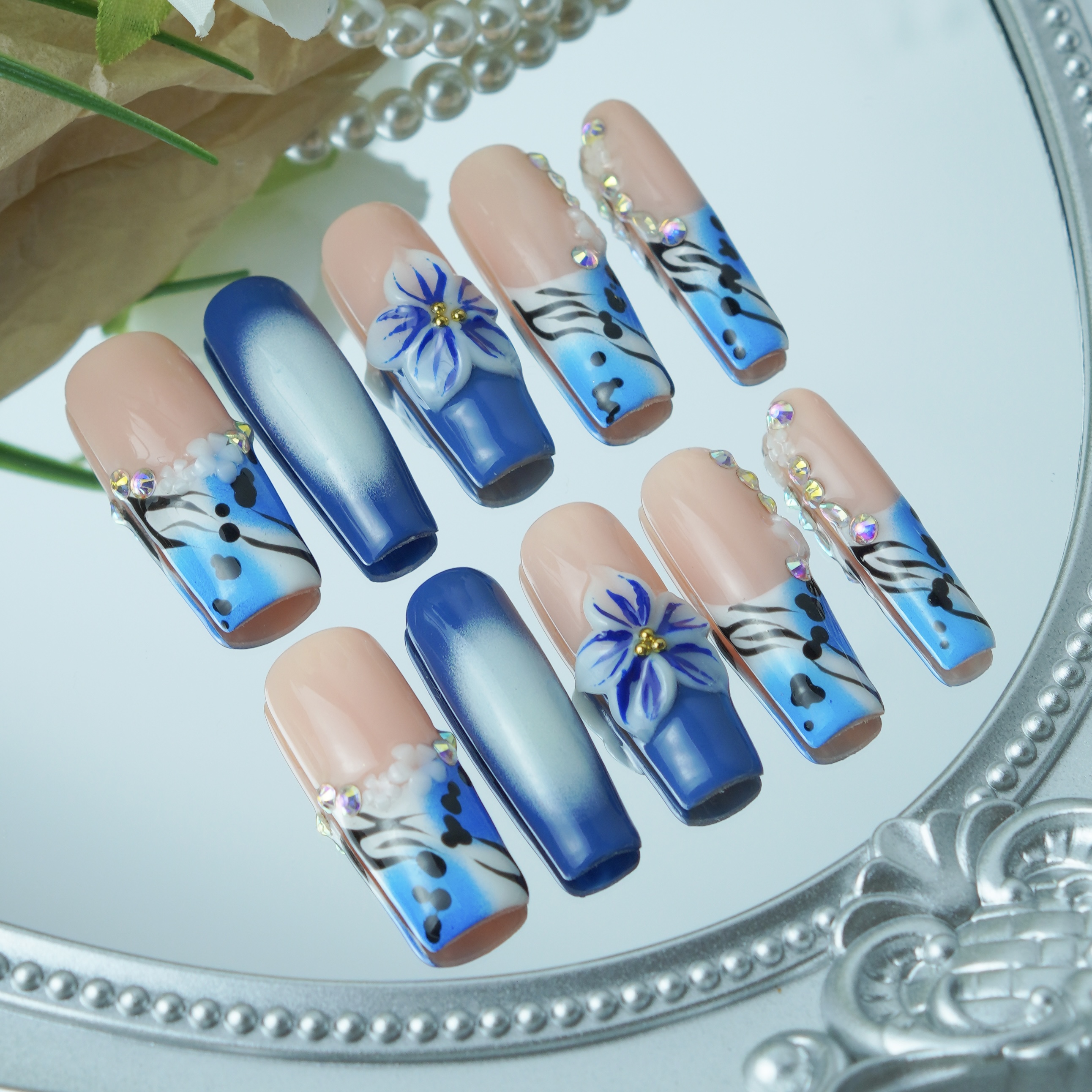Ocean Blue 3D Floral Rhinestone Press-On Nails – Long Square Shape