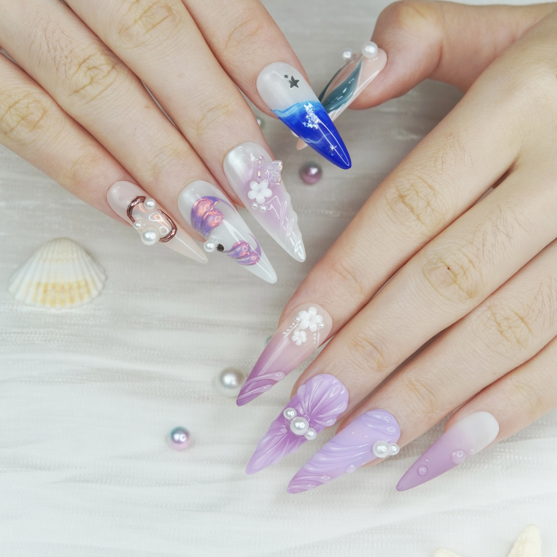 Mermaid Dream Press-On Nails with 3D Pearl & Shell – Long Stiletto