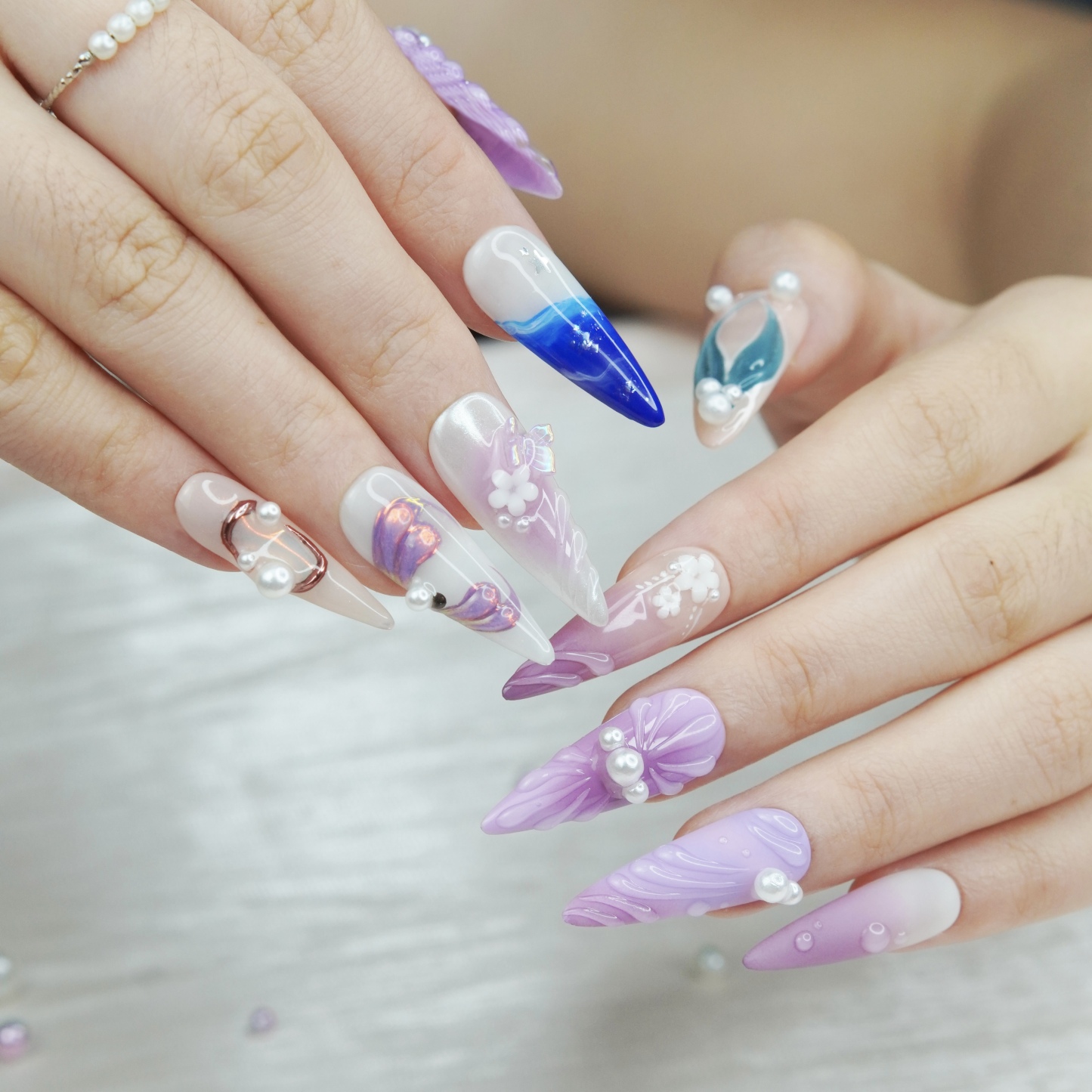 Mermaid Dream Press-On Nails with 3D Pearl & Shell – Long Stiletto