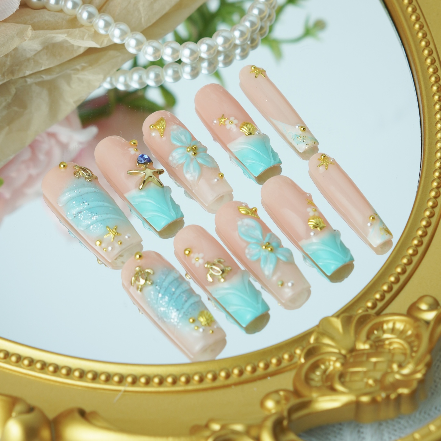 Seafoam Green 3D Press-On Nails – Tropical Mermaid Style