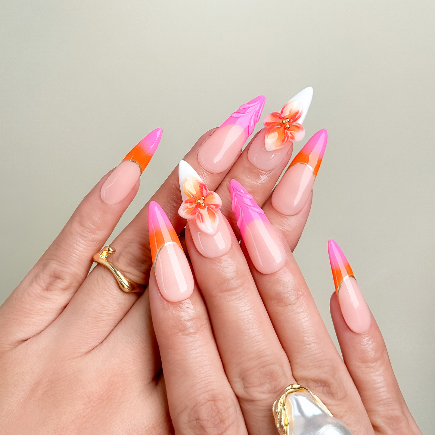Tropical Dream Press-On Nails with 3D Floral – Long Stiletto