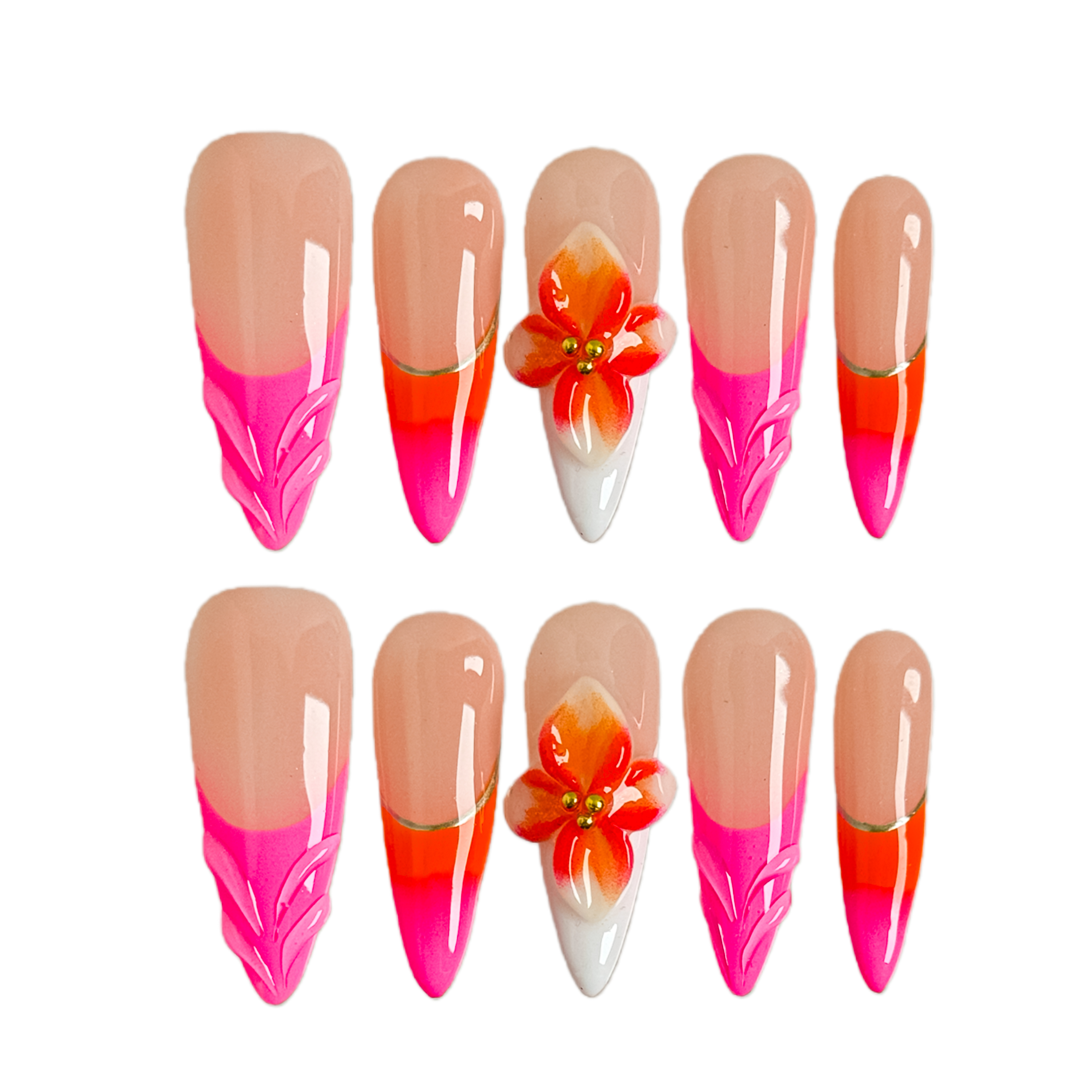 Tropical Dream Press-On Nails with 3D Floral – Long Stiletto