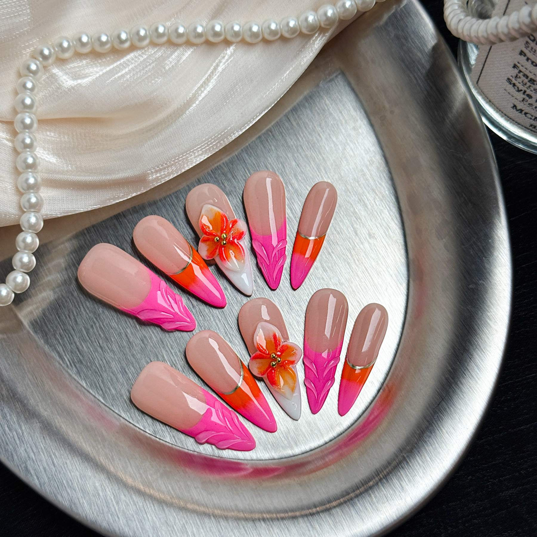 Tropical Dream Press-On Nails with 3D Floral – Long Stiletto