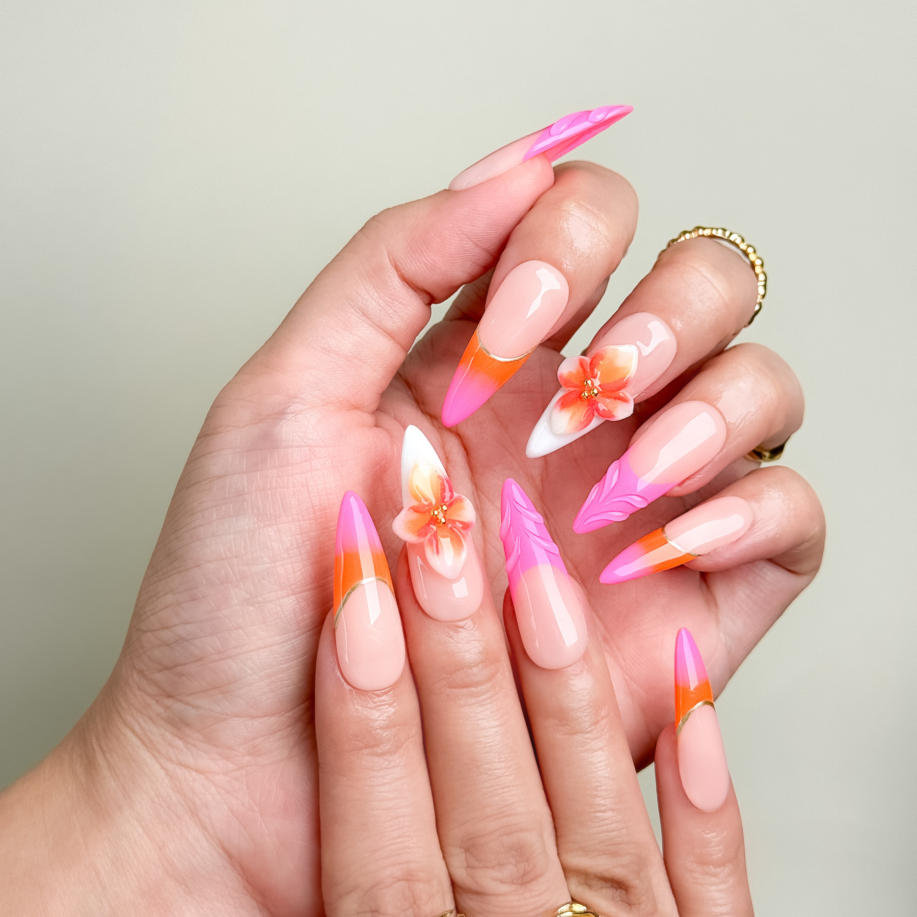 Tropical Dream Press-On Nails with 3D Floral – Long Stiletto