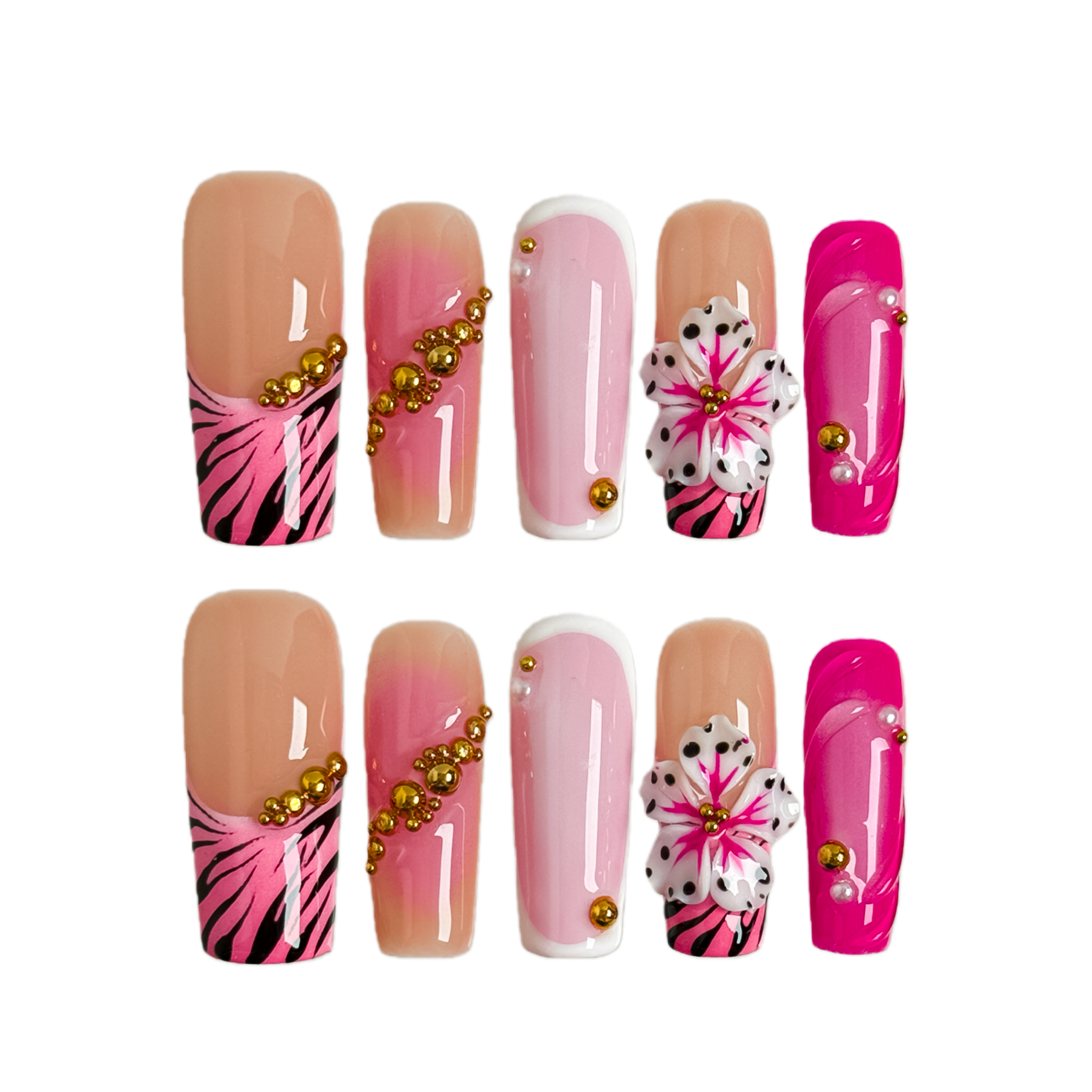 Nail Fairy Pink Gold Leopard Floral Press-On Nails – Long Square Nail Set with Free Tool Kit