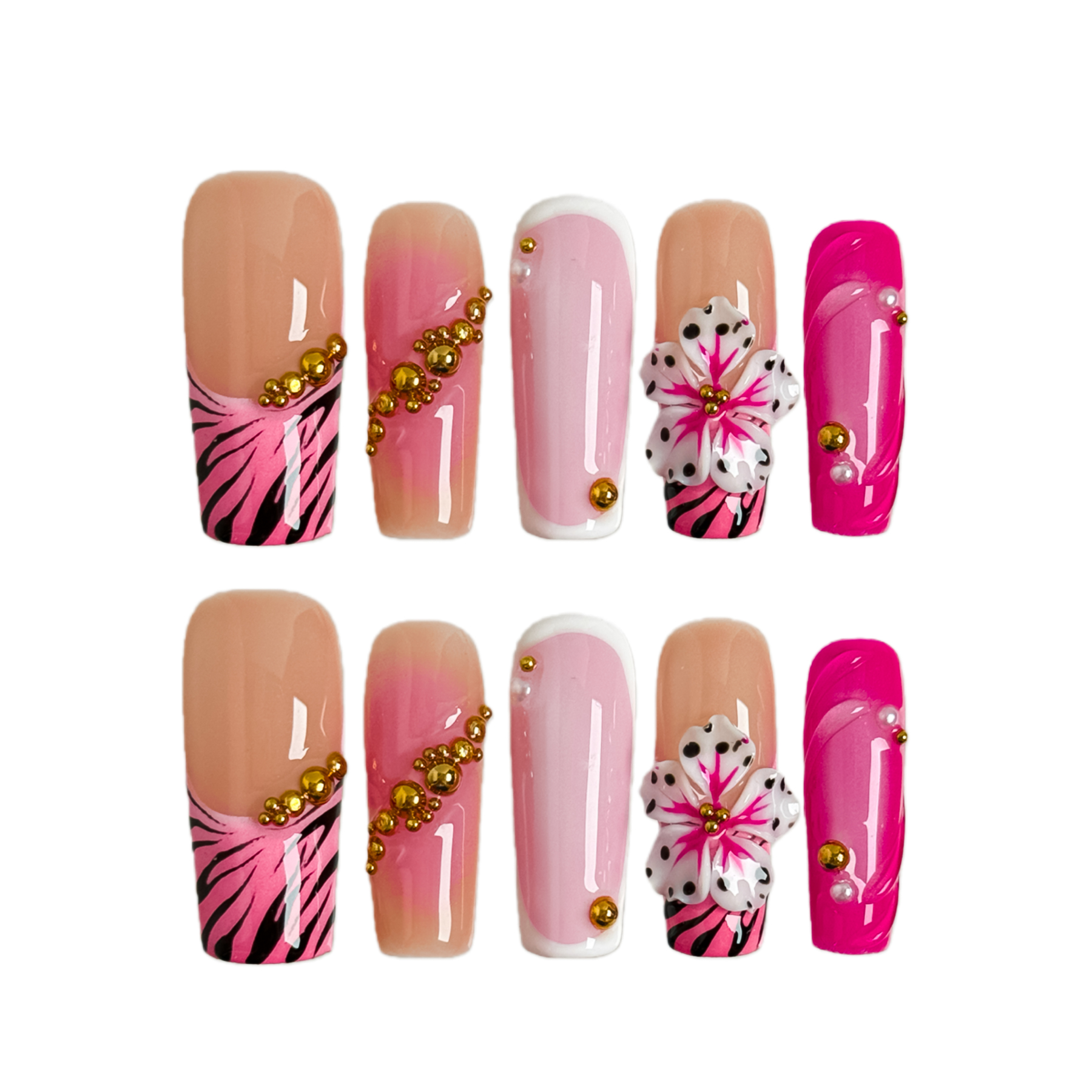 Nail Fairy Pink Gold Leopard Floral Press-On Nails – Long Square Nail Set with Free Tool Kit