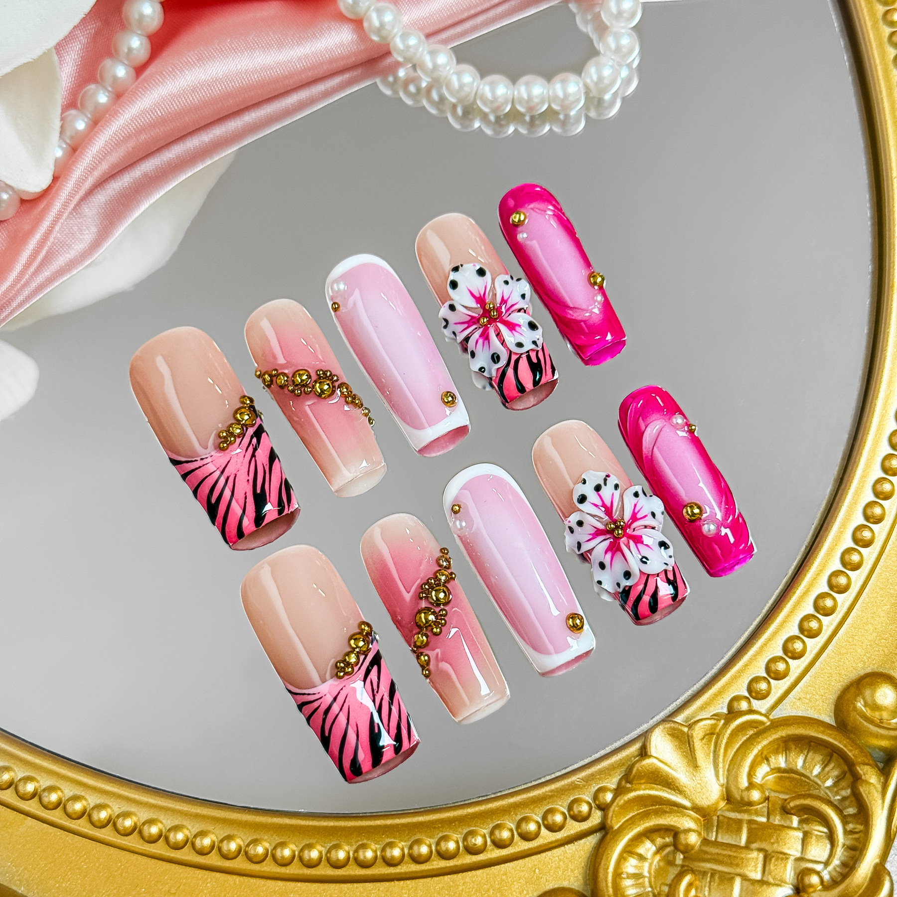 Nail Fairy Pink Gold Leopard Floral Press-On Nails – Long Square Nail Set with Free Tool Kit