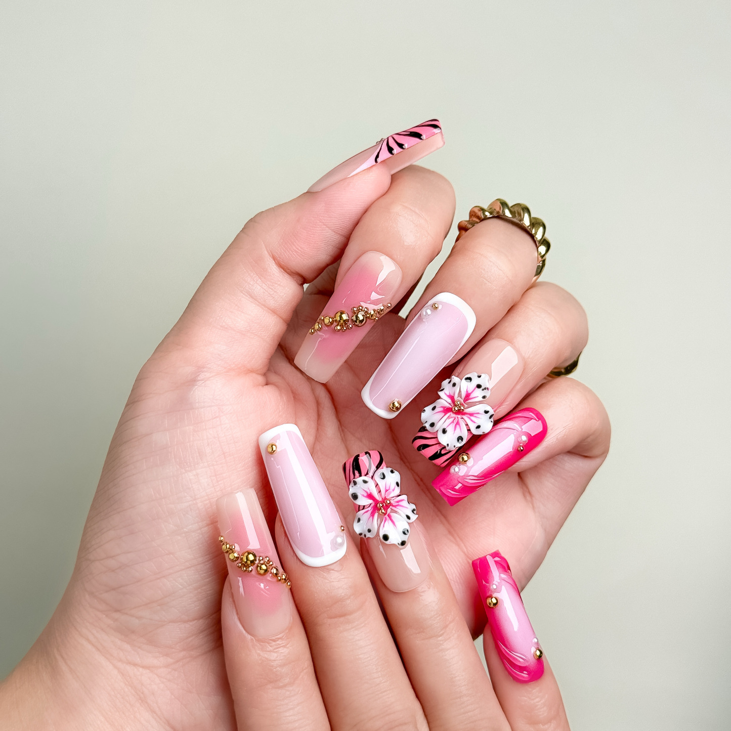 Nail Fairy Pink Gold Leopard Floral Press-On Nails – Long Square Nail Set with Free Tool Kit