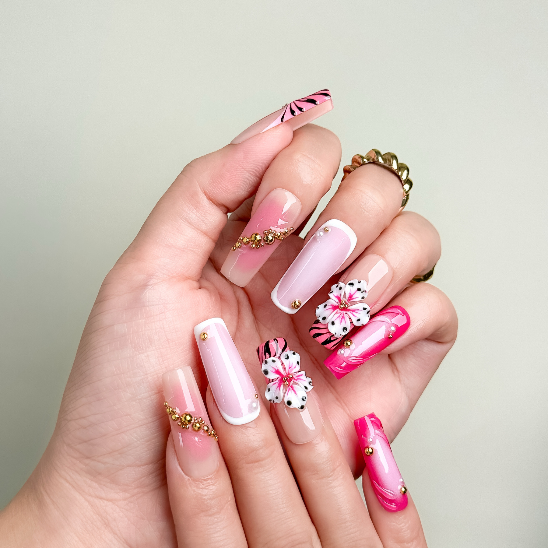 Nail Fairy Pink Gold Leopard Floral Press-On Nails – Long Square Nail Set with Free Tool Kit