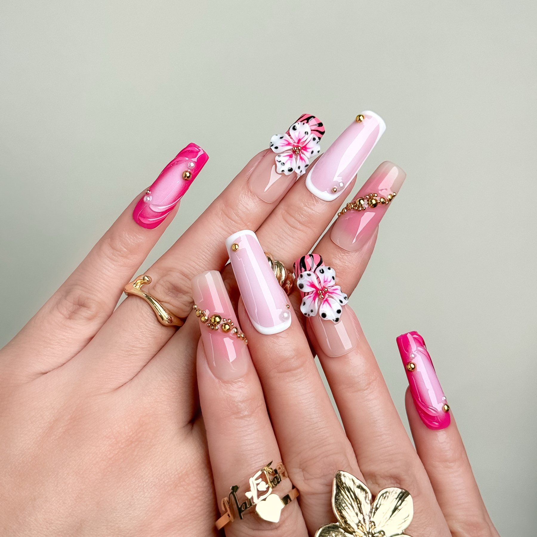 Nail Fairy Pink Gold Leopard Floral Press-On Nails – Long Square Nail Set with Free Tool Kit