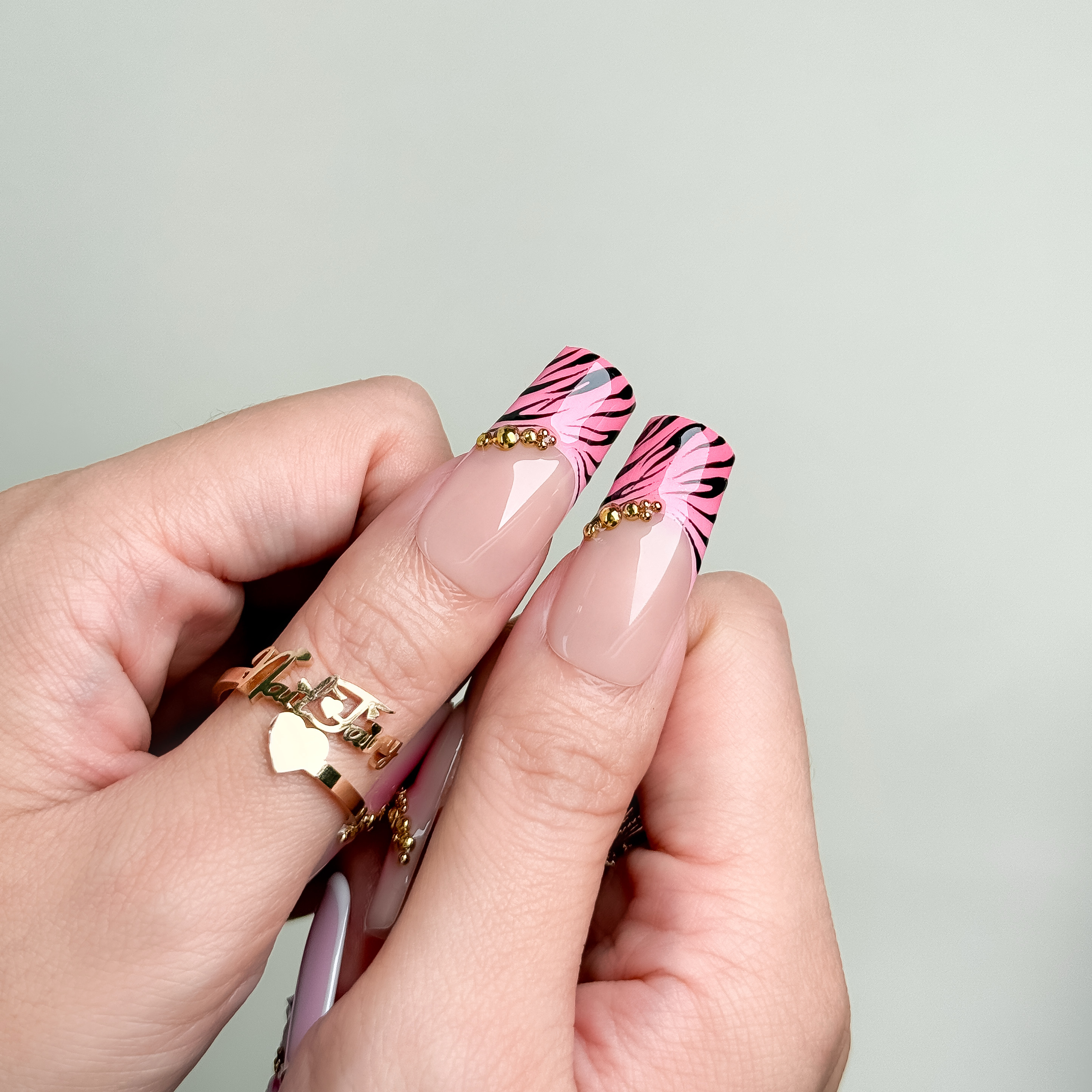 Nail Fairy Pink Gold Leopard Floral Press-On Nails – Long Square Nail Set with Free Tool Kit