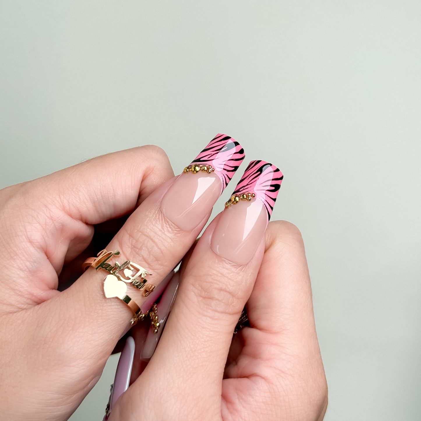 Nail Fairy Pink Gold Leopard Floral Press-On Nails – Long Square Nail Set with Free Tool Kit