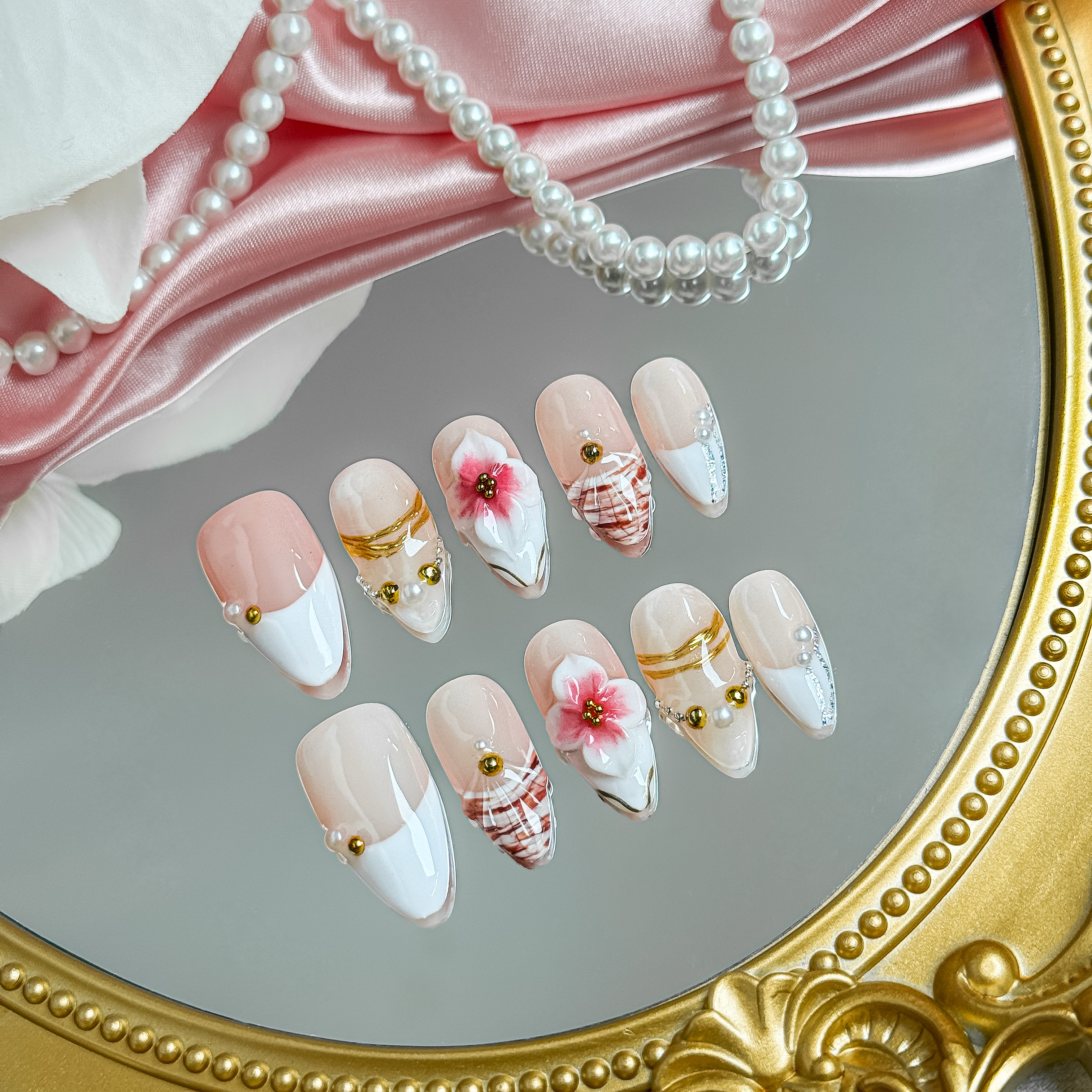 Blush Floral Gold Pearl Press-On Nails – Short Almond