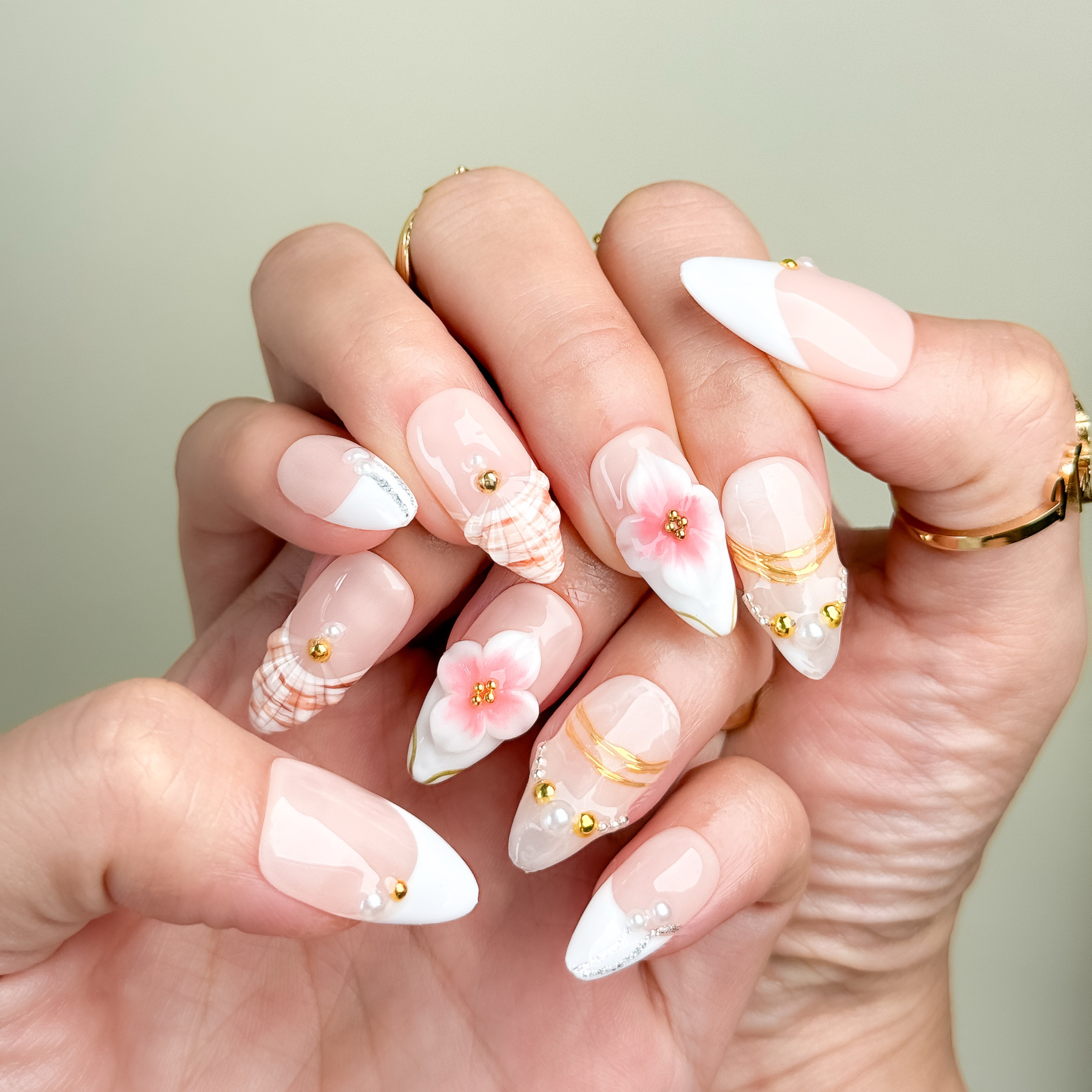 Blush Floral Gold Pearl Press-On Nails – Short Almond