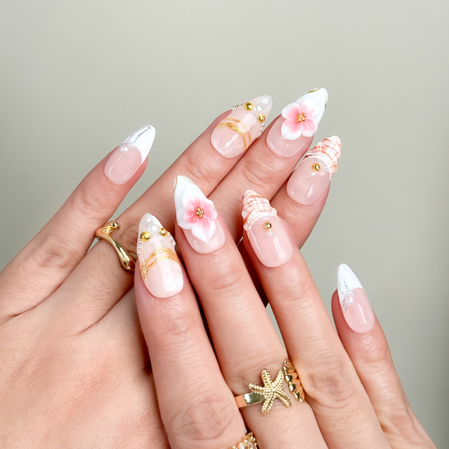 Blush Floral Gold Pearl Press-On Nails – Short Almond