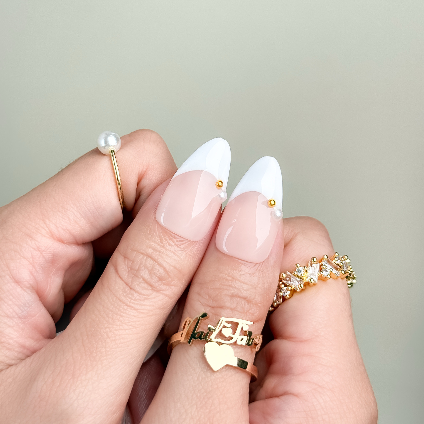 Blush Floral Gold Pearl Press-On Nails – Short Almond