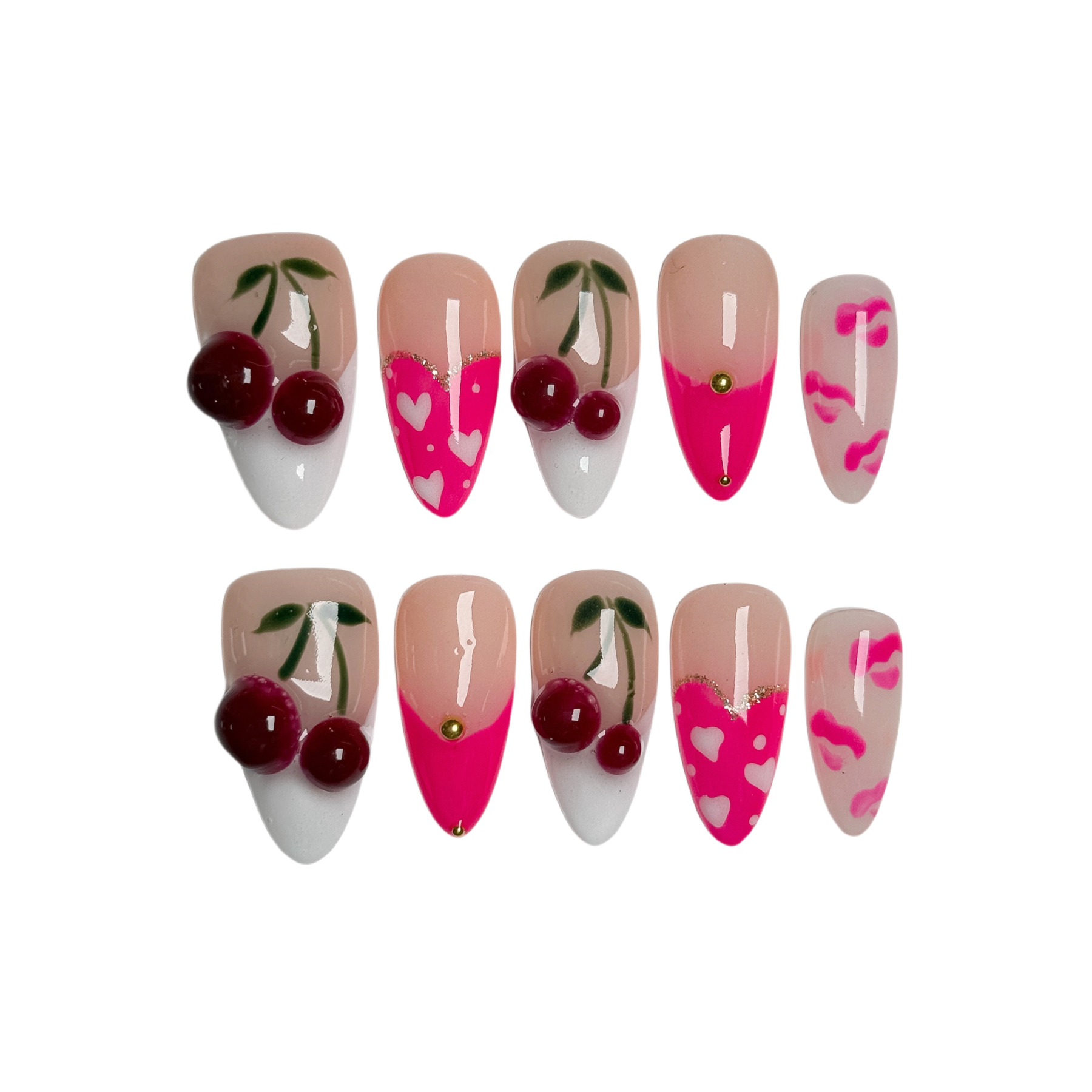 Handmade Press-On Nails – Nailfairy Pink Cherry Red Lips with French Tip & Heart Design – Custom-Made, Reusable with Free Application Kit Included