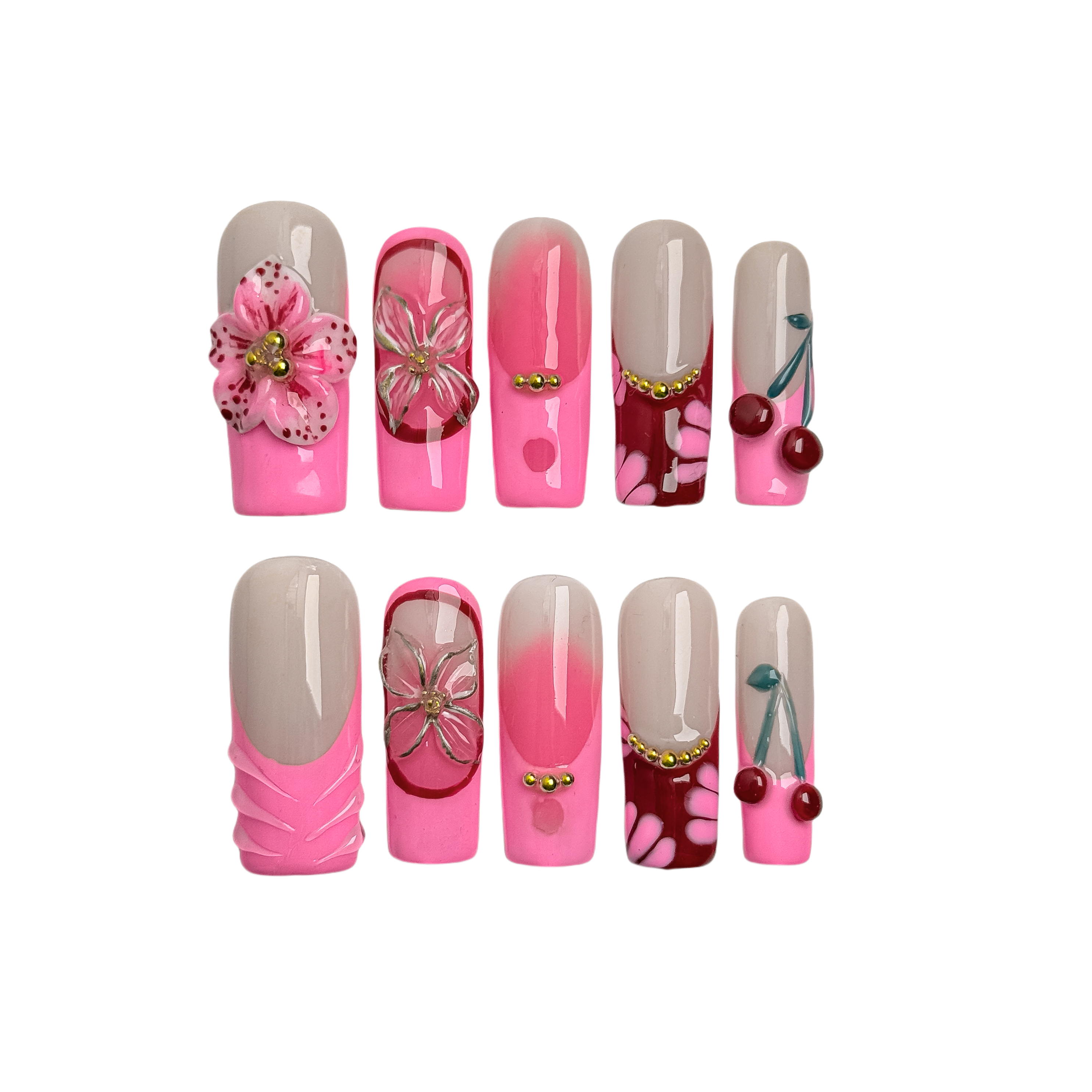 Handmade Press-On Nails – Nailfairy Square Shape Sparkling Galaxy Pink Gradient Design, Reusable with Free Application Kit Included