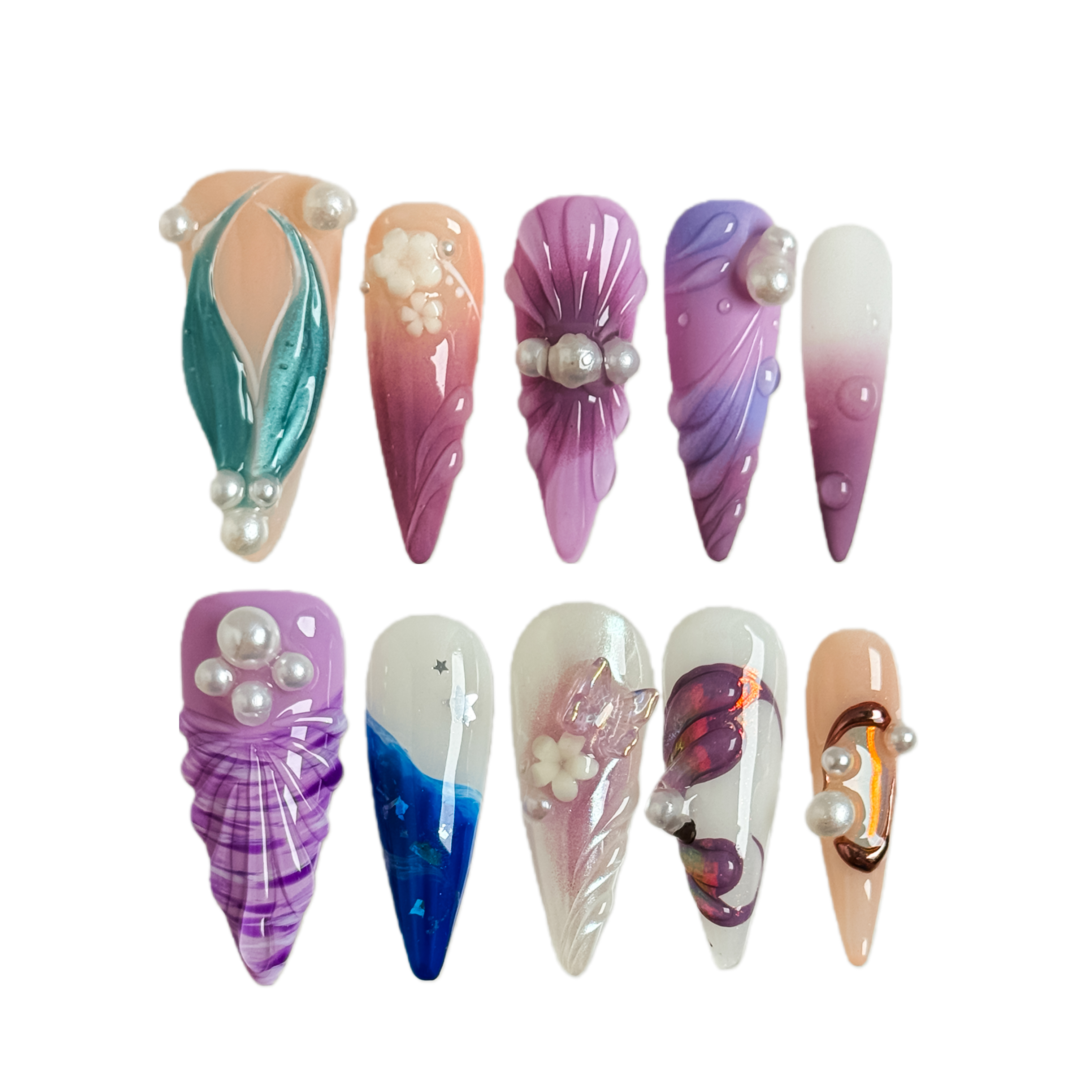 Mermaid Dream Press-On Nails with 3D Pearl & Shell – Long Stiletto