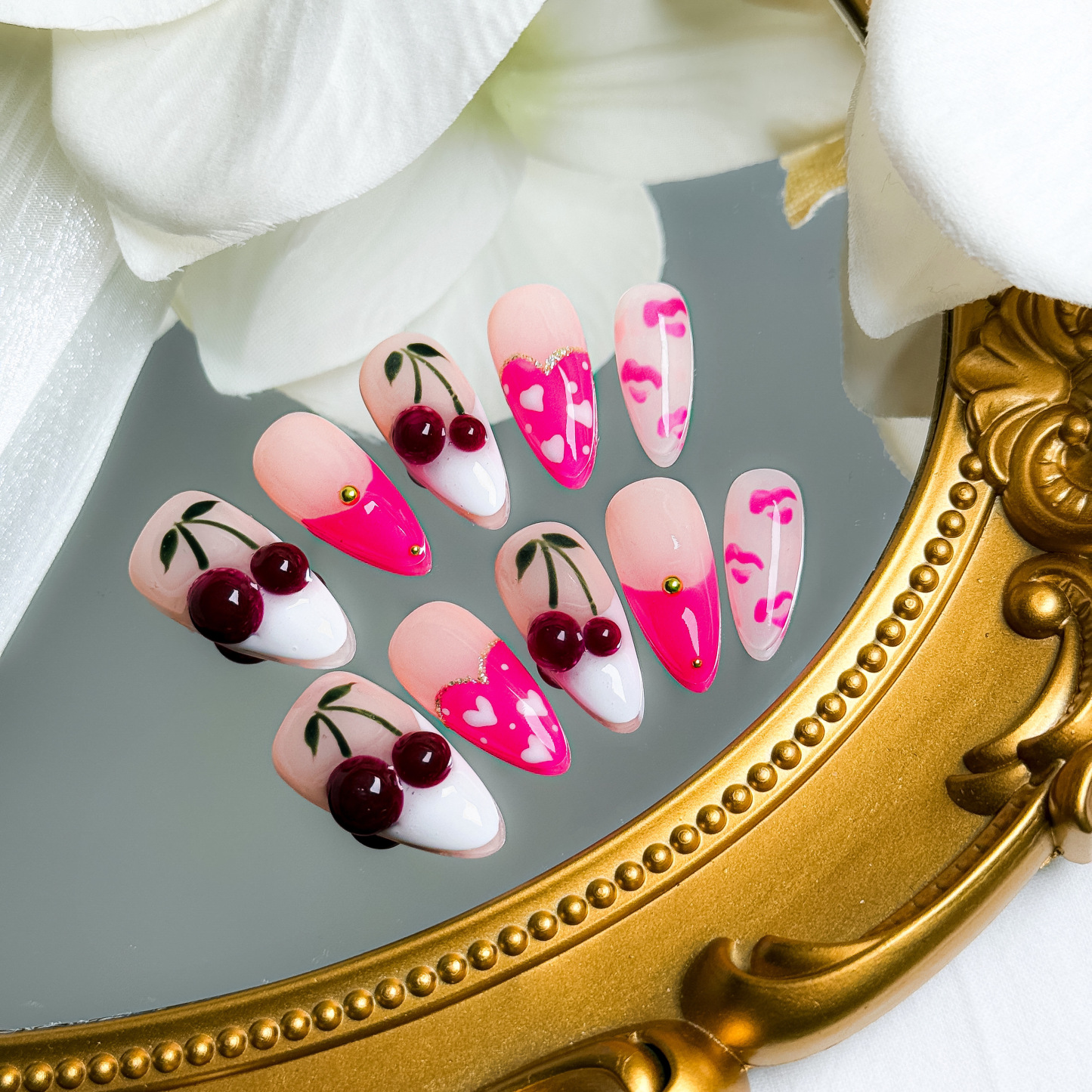 Handmade Press-On Nails – Nailfairy Pink Cherry Red Lips with French Tip & Heart Design – Custom-Made, Reusable with Free Application Kit Included