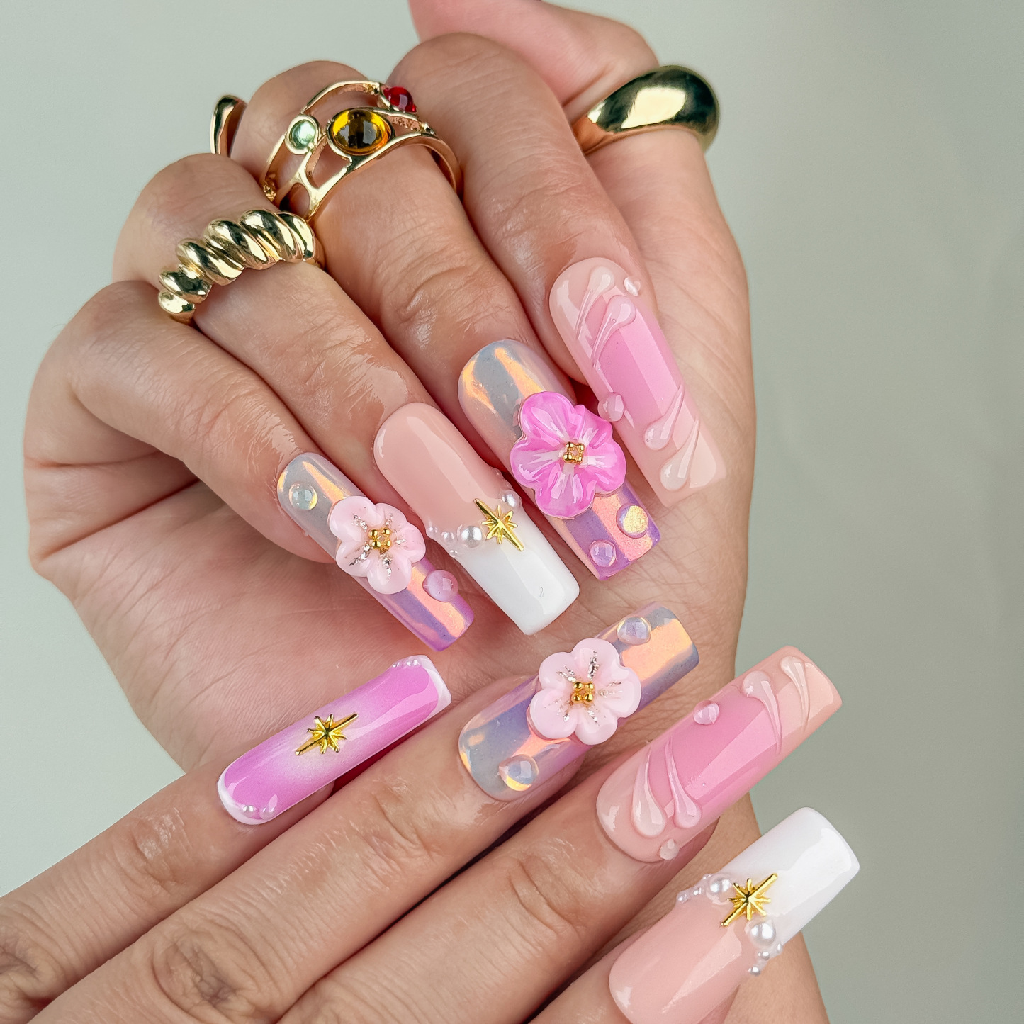 Nail Fairy Handmade Press on Nail- Nailfairy Adorable Hand - Made Press - On Nails: Pink Flower Golden Glow Nail Polish