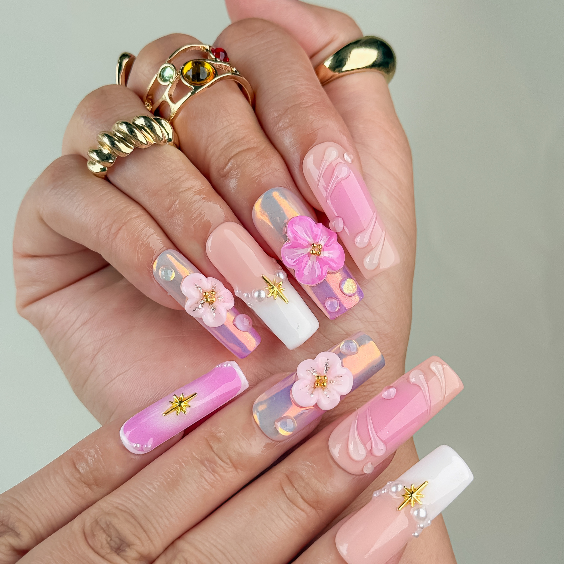 Nail Fairy Handmade Press on Nail- Nailfairy Adorable Hand - Made Press - On Nails: Pink Flower Golden Glow Nail Polish