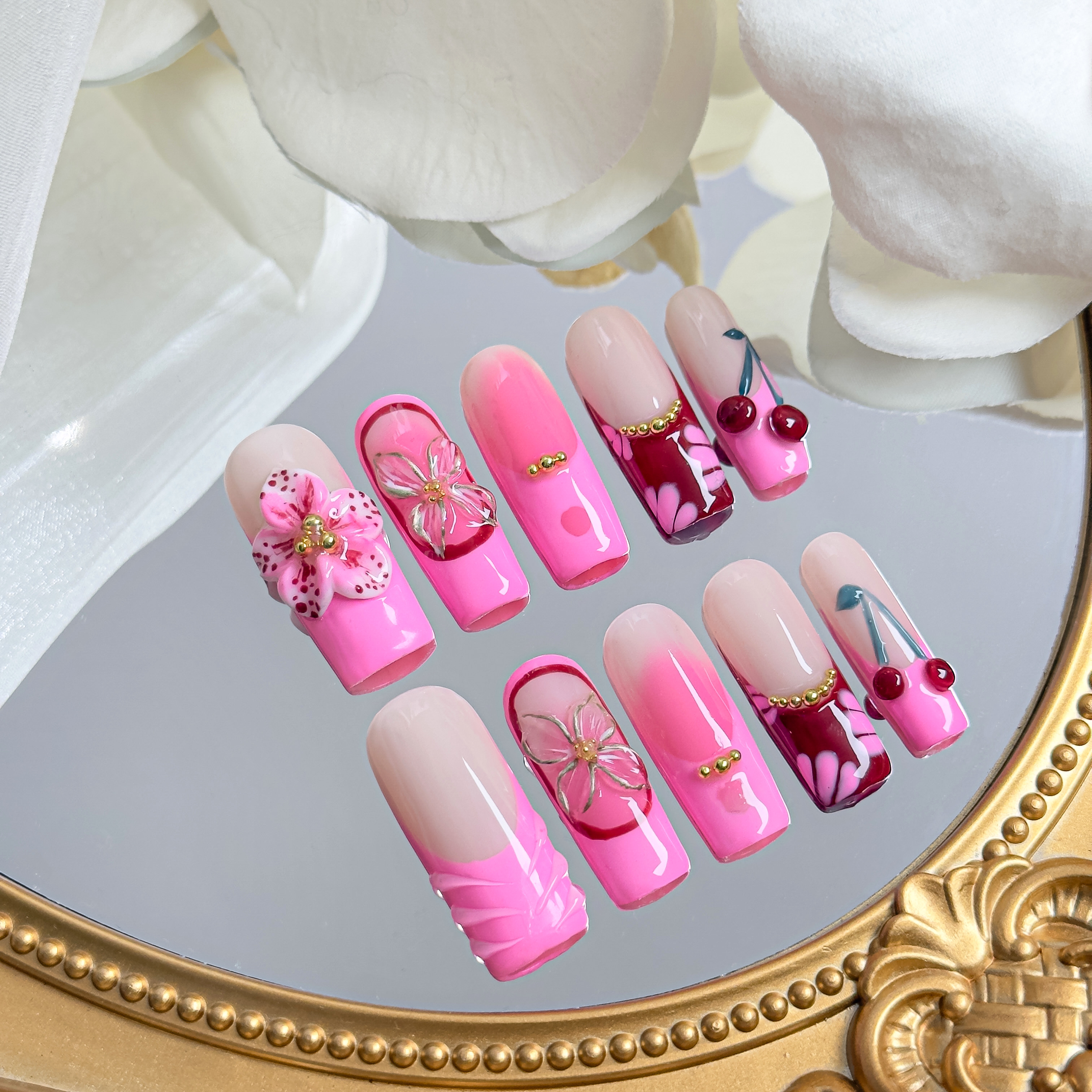 Handmade Press-On Nails – Nailfairy Square Shape Sparkling Galaxy Pink Gradient Design, Reusable with Free Application Kit Included