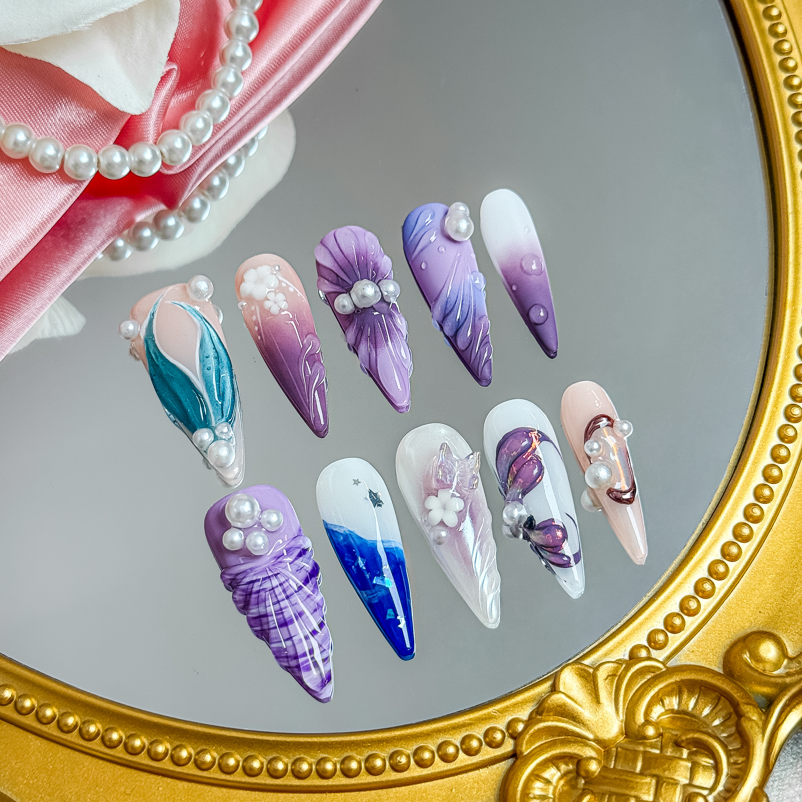 Mermaid Dream Press-On Nails with 3D Pearl & Shell – Long Stiletto